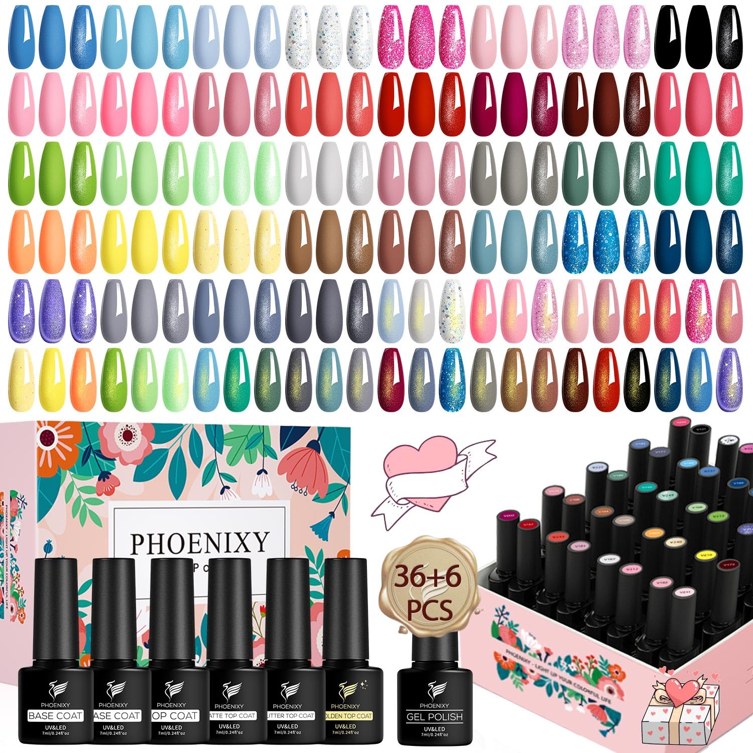Phoenixy 36 Color Gel Nail Polish Set | 144 Effects with Base & Top Coats