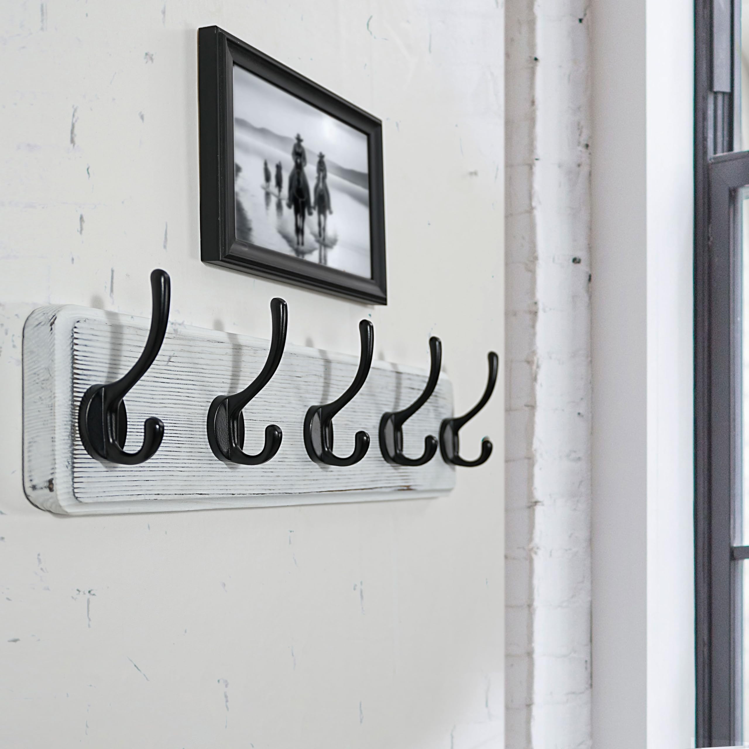 WEBI Solid Wood Wall Mounted Coat Rack | 5 Large Hooks, Rustic White, 2 Pack