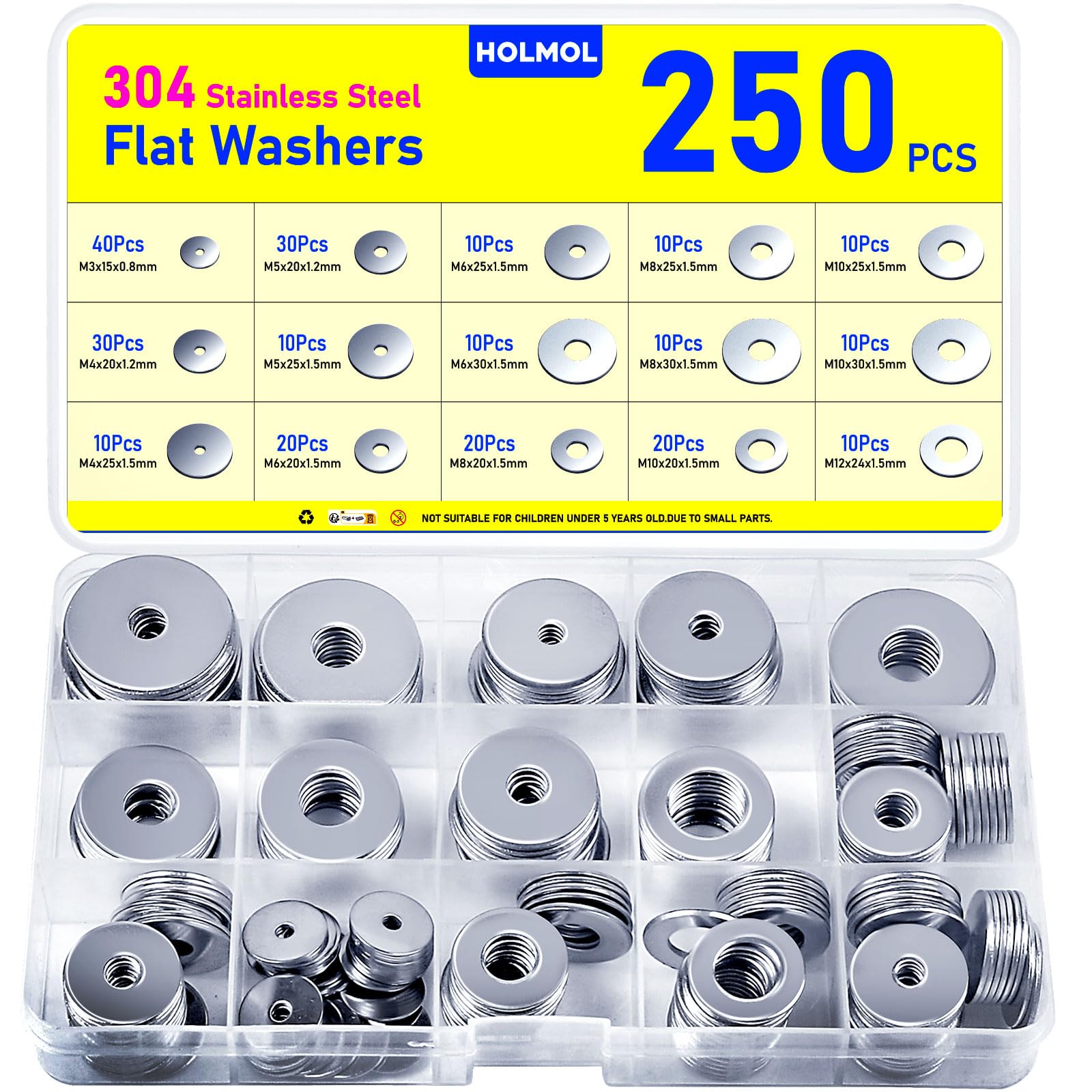 HOLMOL 250-Piece Stainless Steel Flat Washer Assortment - 15 Sizes