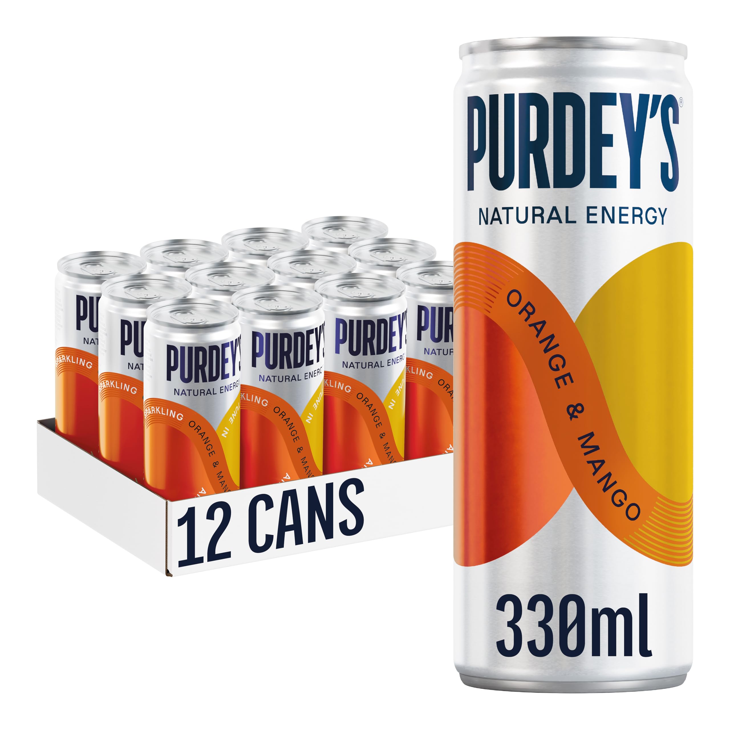 Purdey's Natural Energy Drink Orange & Mango - 330ml Cans (Pack of 12)