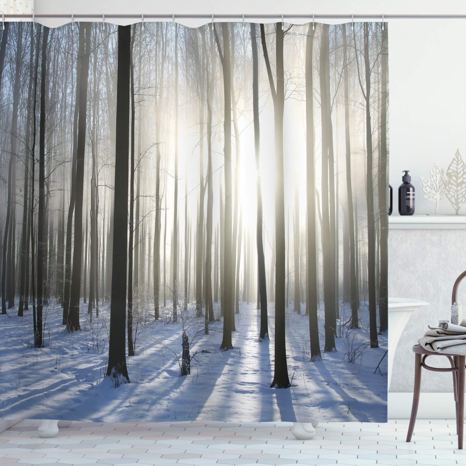 ABAKUHAUS Woodland Shower Curtain | Winter Forest Fabric Decor with Hooks