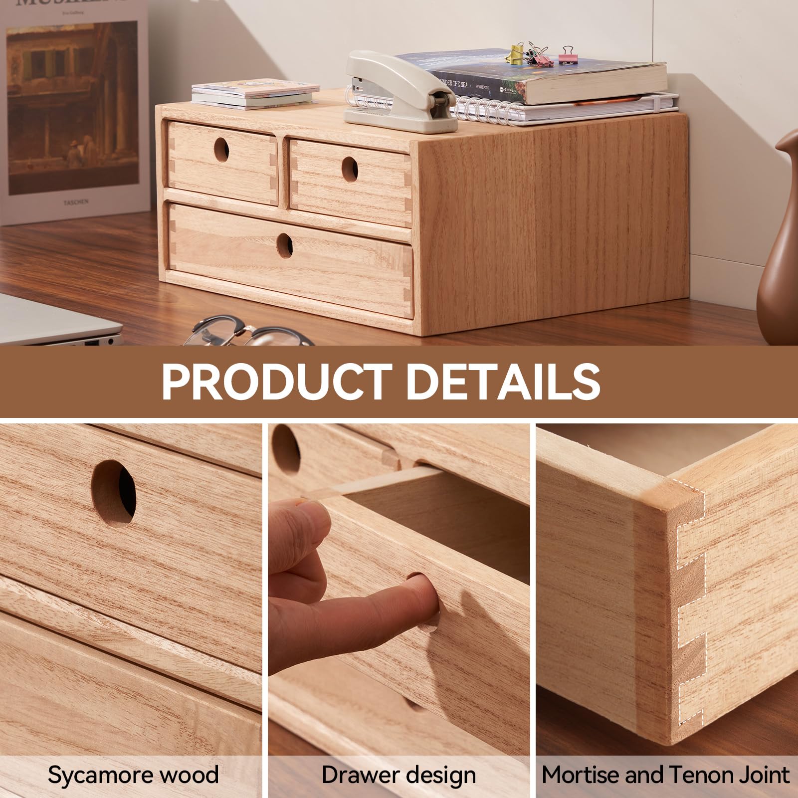 KIRIGEN Solid Wood Desktop Organizer | 3-Drawer Office Storage Cabinet