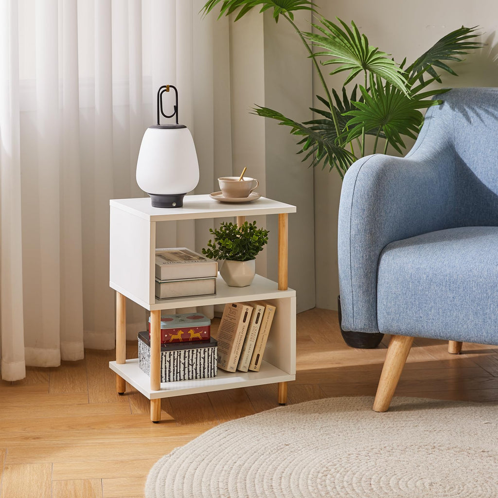 Aibiju Modern 3-Tier S-Shaped Side Table – White Nightstand with Wood Legs