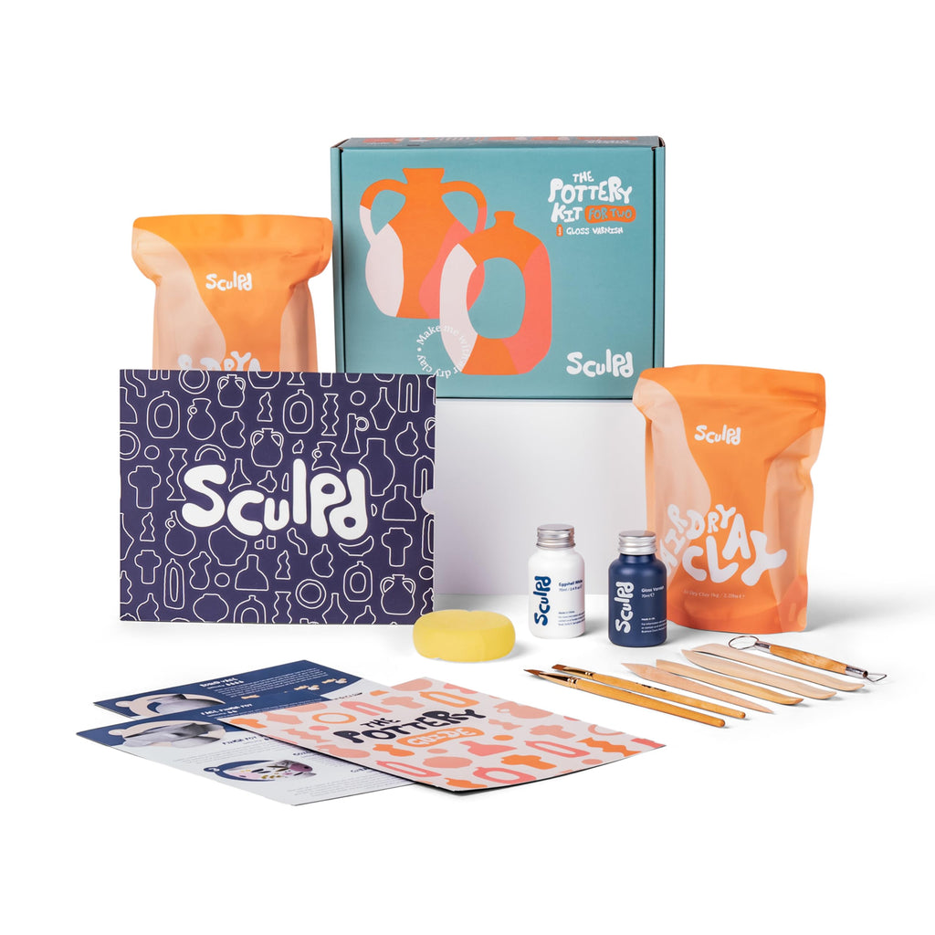 Sculpd Pottery Starter Kit | Air Dry Clay Set for 2 with Tools & Varnish
