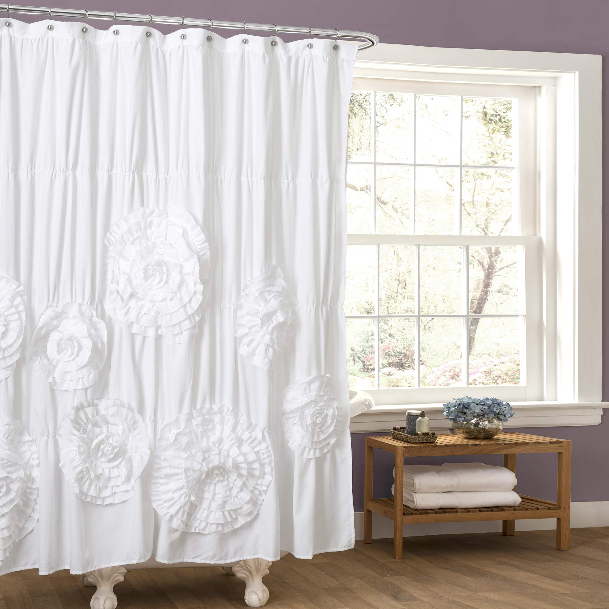 Lush Decor Serena White Ruffle Shower Curtain – Ruched Floral Fabric