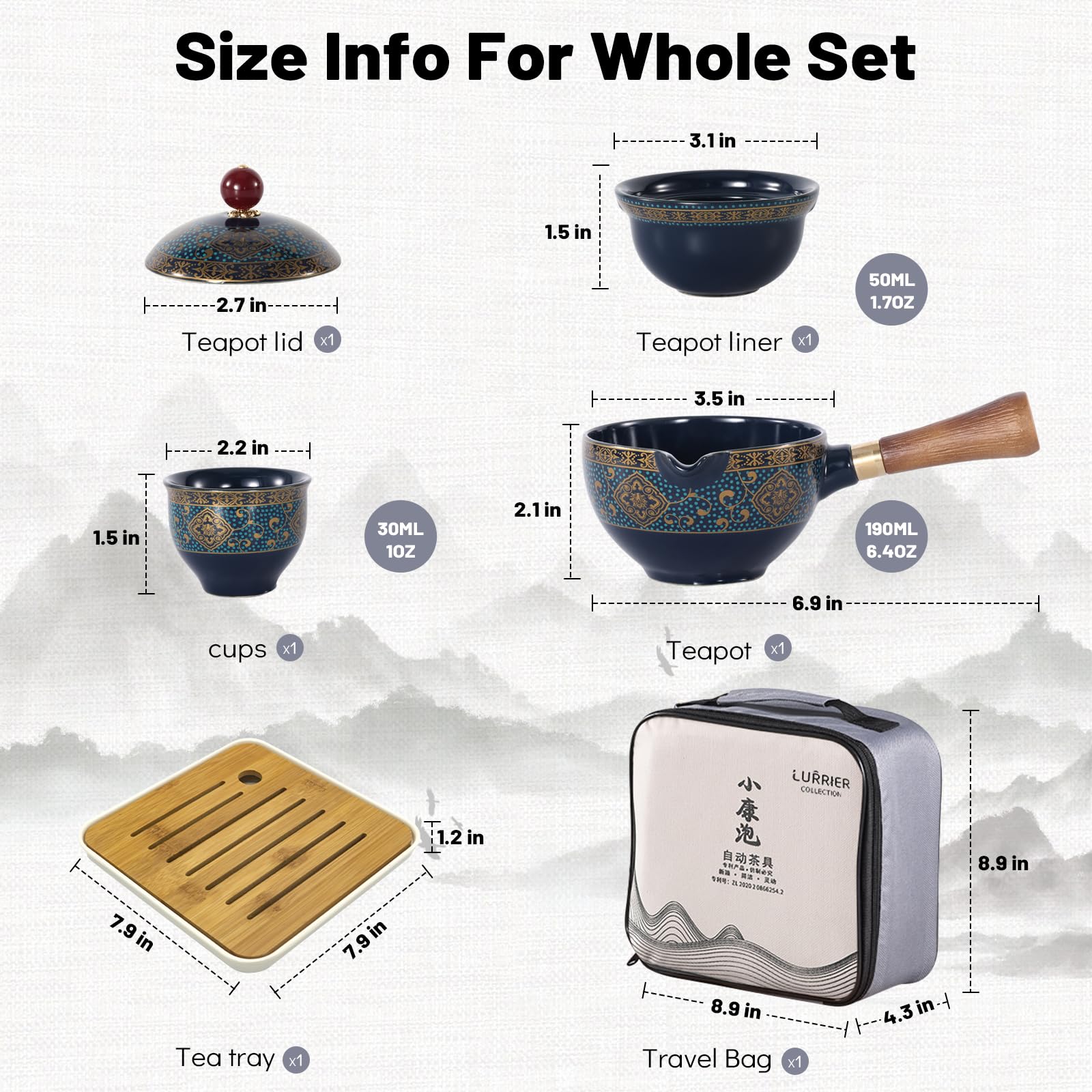 LURRIER Chinese Gongfu Tea Set | Portable 360 Rotatable Porcelain Teapot