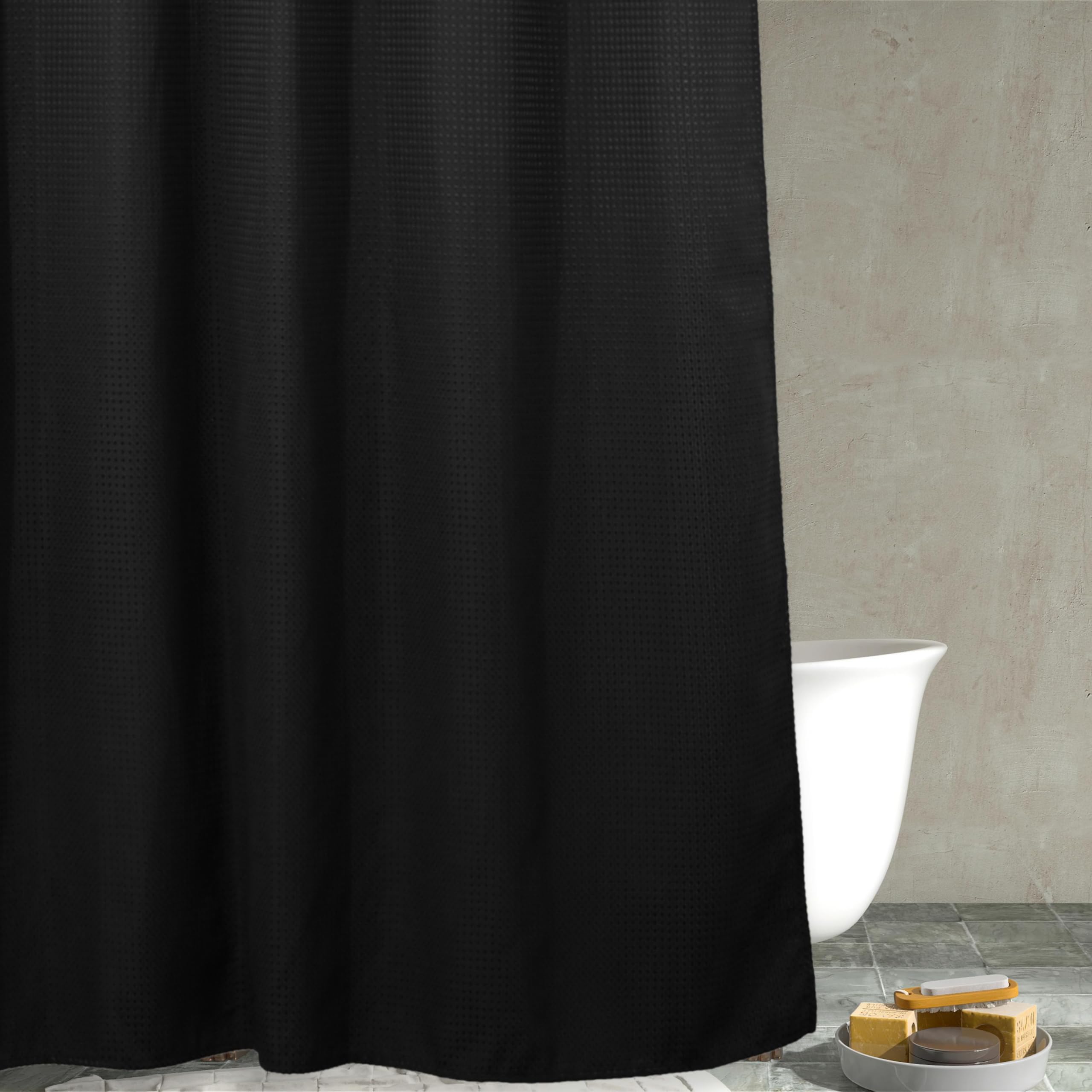Popkozzi Black Waffle Weave Shower Curtain | Heavy Duty Fabric - 72x72