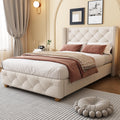BTM Upholstered Single Bed Frame | 3ft Beige Velvet with Tufted Headboard