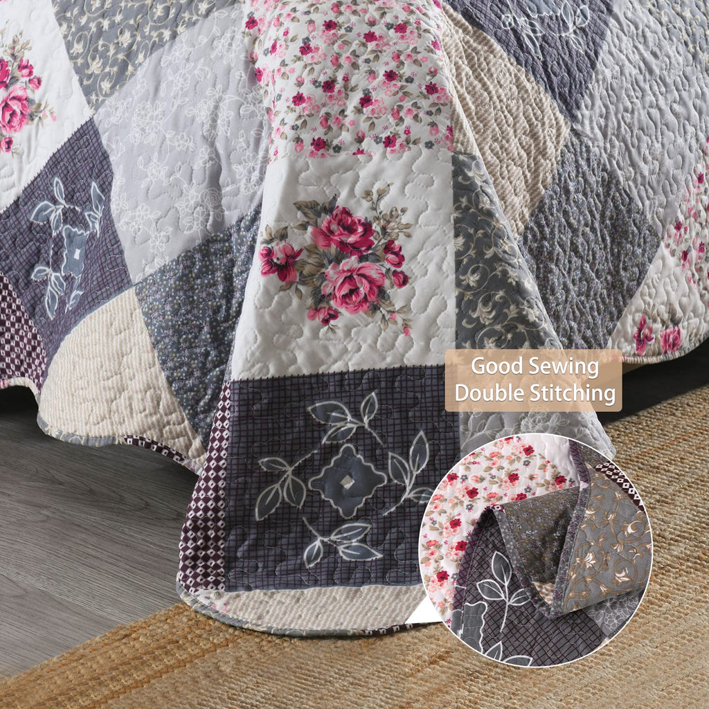Qucover Super King Patchwork Quilt Set – Reversible Floral Microfiber