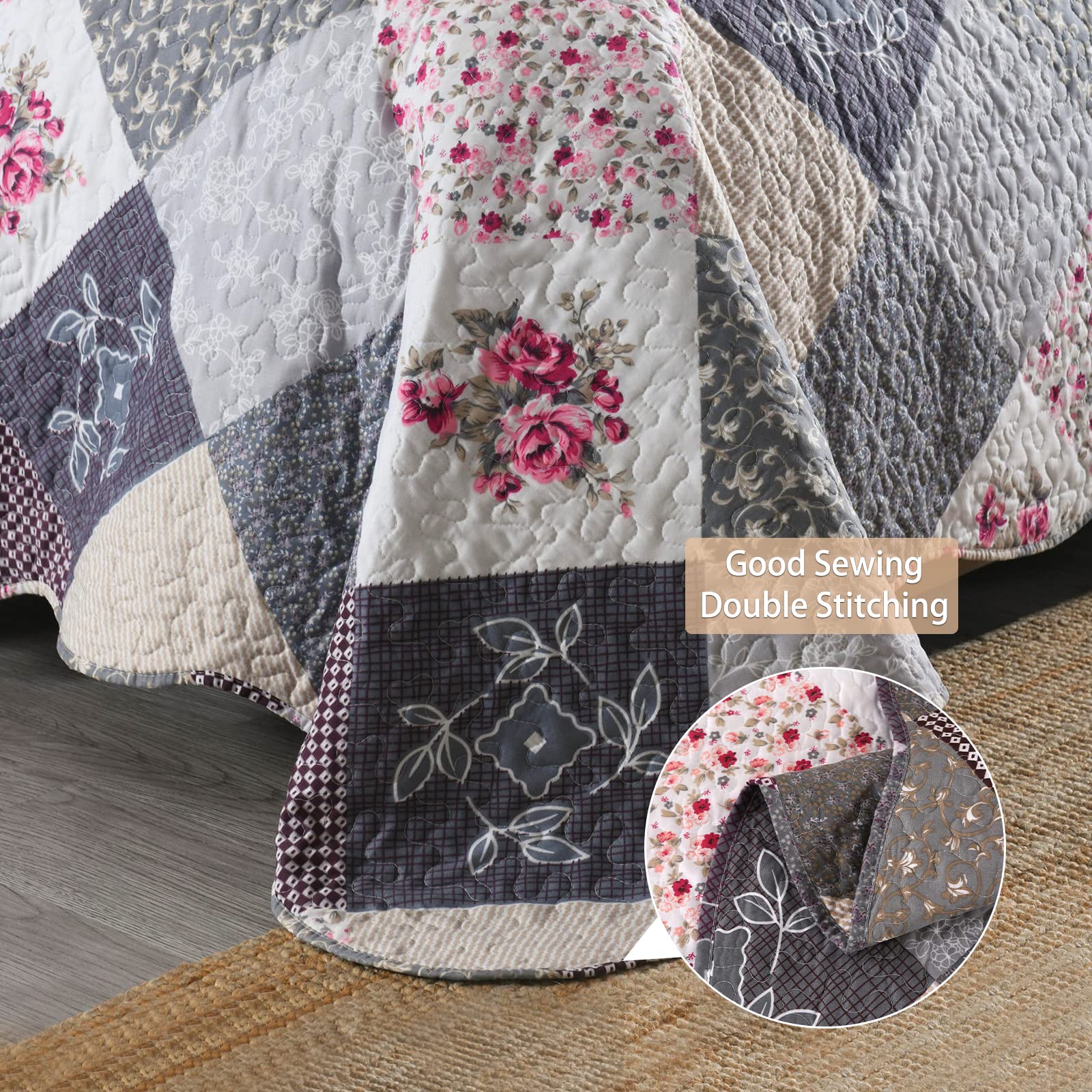 Qucover Super King Patchwork Quilt Set – Reversible Floral Microfiber