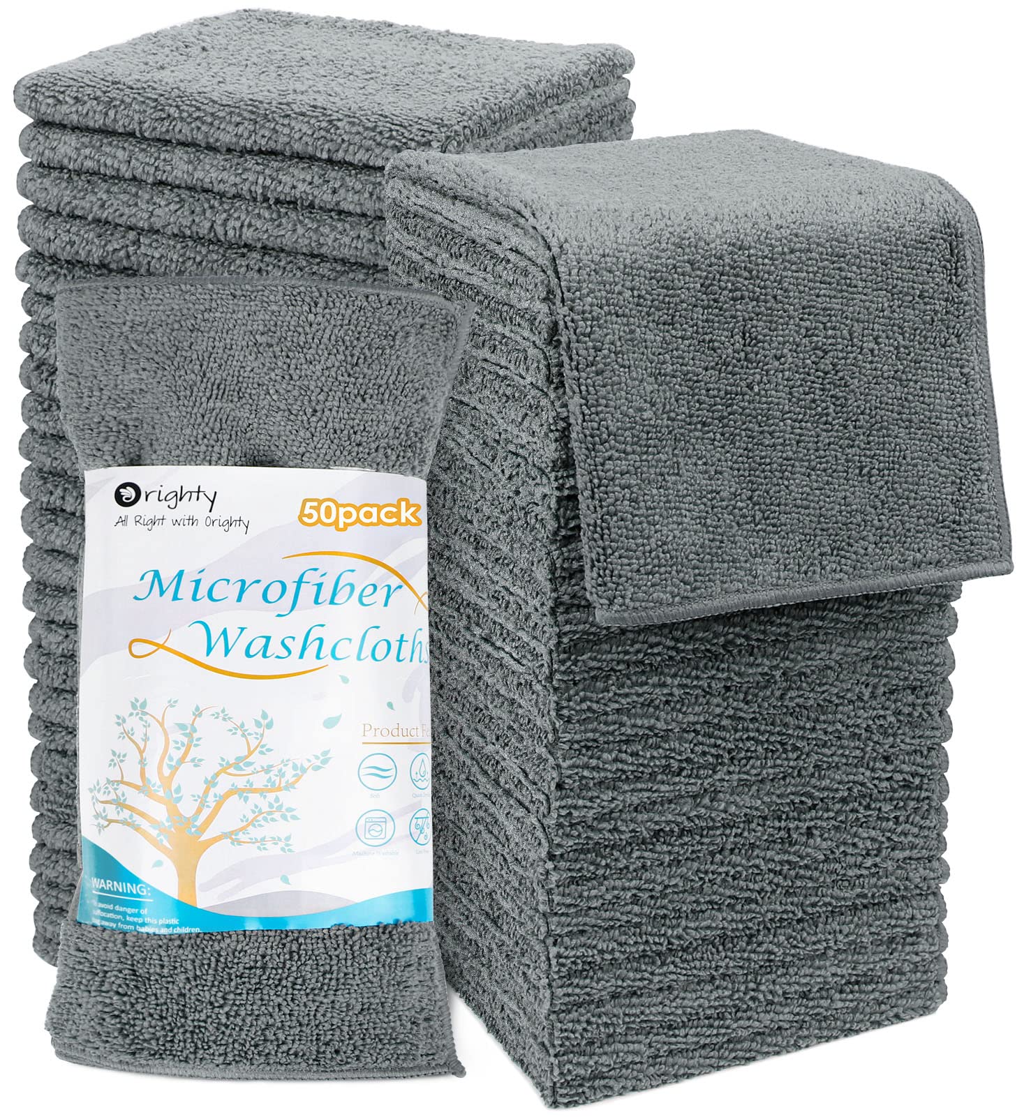 Orighty Microfibre Washcloths – 50 Pack Absorbent 12x12 Grey Towels
