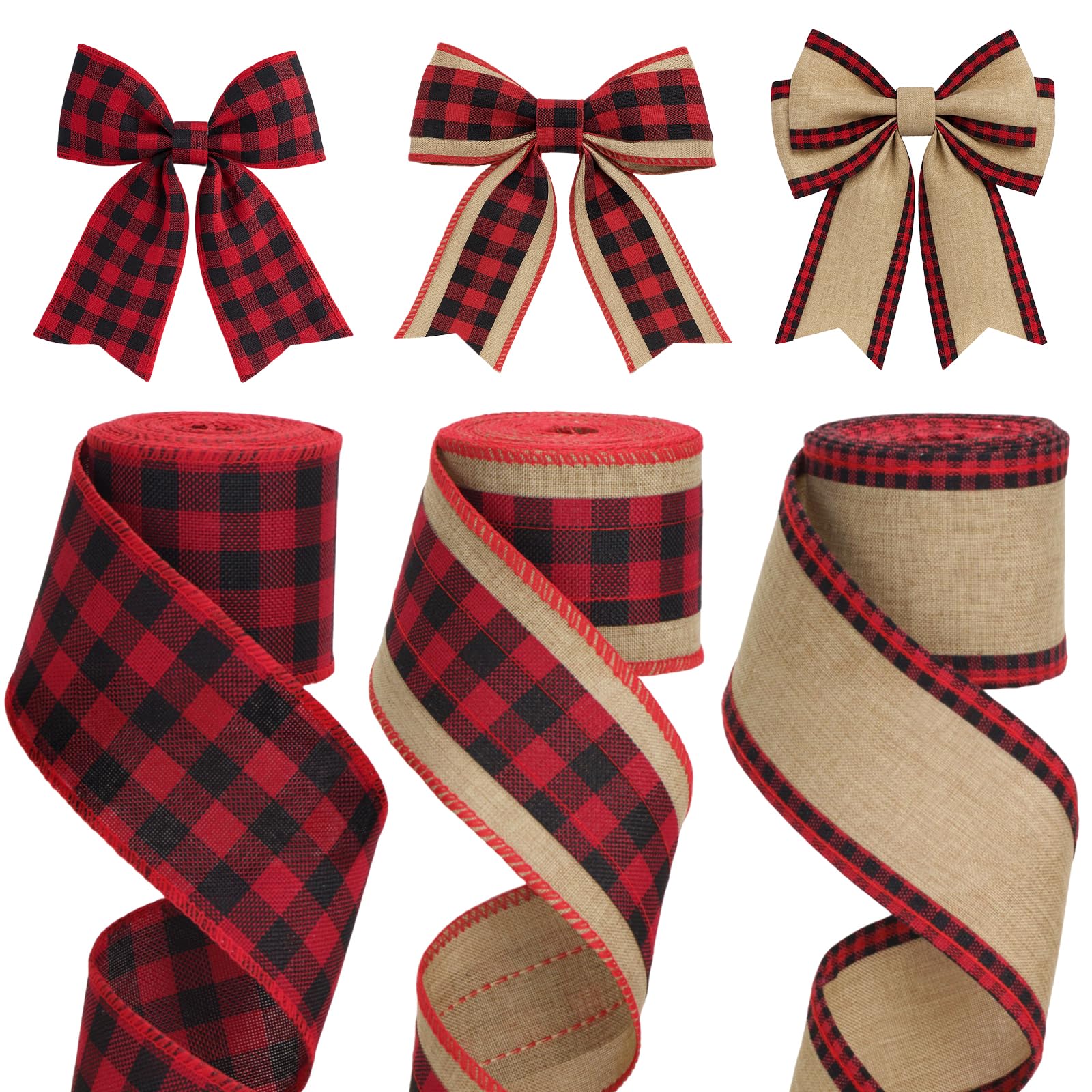 KINGLAKE Christmas Wired Ribbon – 3 Rolls 2.5" Burlap Plaid for Bows