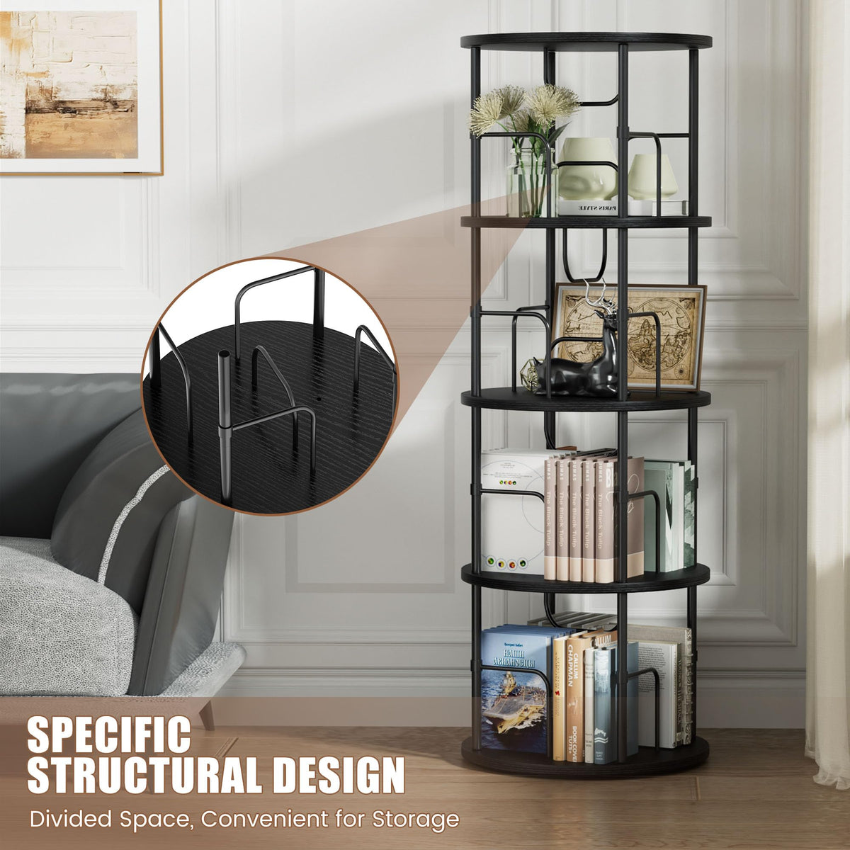OCTORO 4 Tier Rotating Bookshelf, 360° Corner Bookshelf Tower, Round Revolving Bookcase with Adjustable Levels, Spinning Book Shelf for Home Office - image 3
