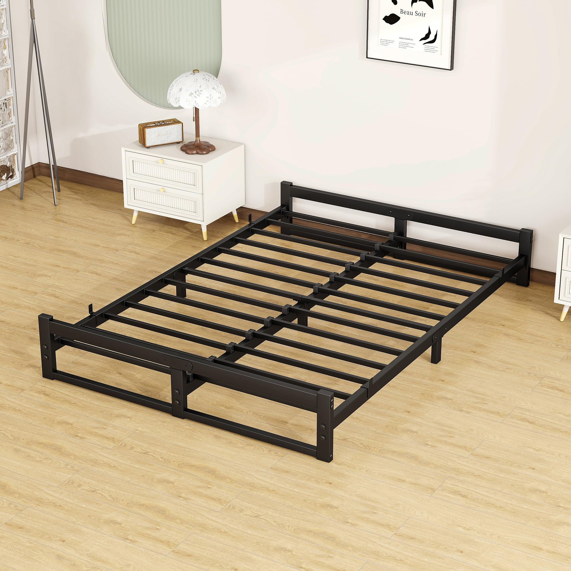 VECOCHO Cadre de Lit 140x190 | Lit Plateforme en Métal Noir avec Sommier