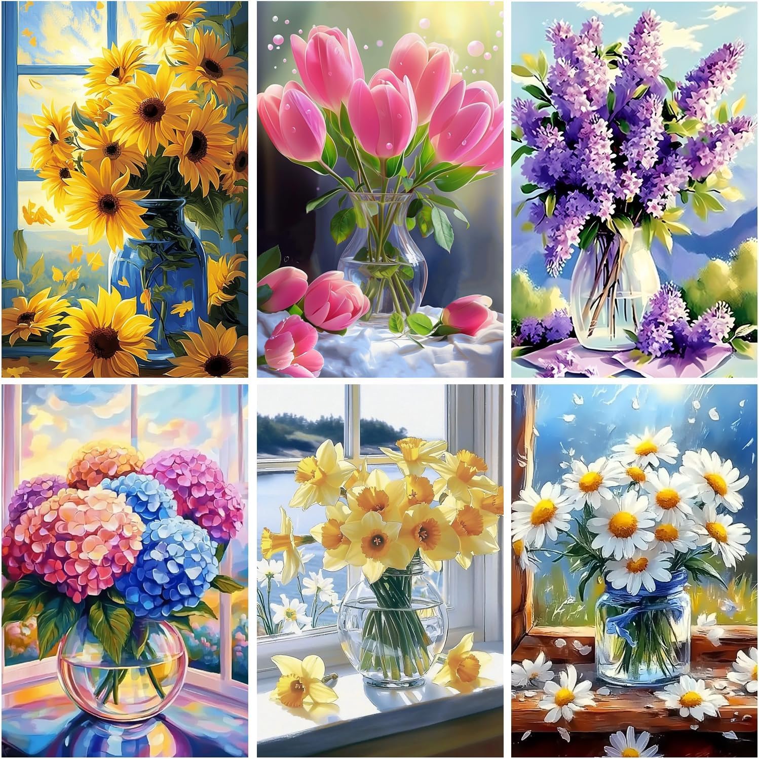 5D Diamond Painting Kits - 6 Pack Flower Art Full Drill 12x16in