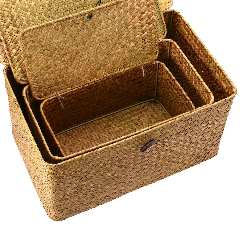 Set of 3 Seagrass Rattan Boxes with Lid, Rectangular Woven Storage Hamper - image 4
