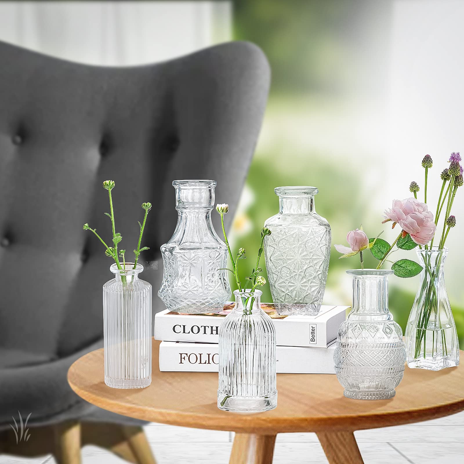 Glass Bud Vase Set of 24 | Clear Vintage Embossed Flower Vases