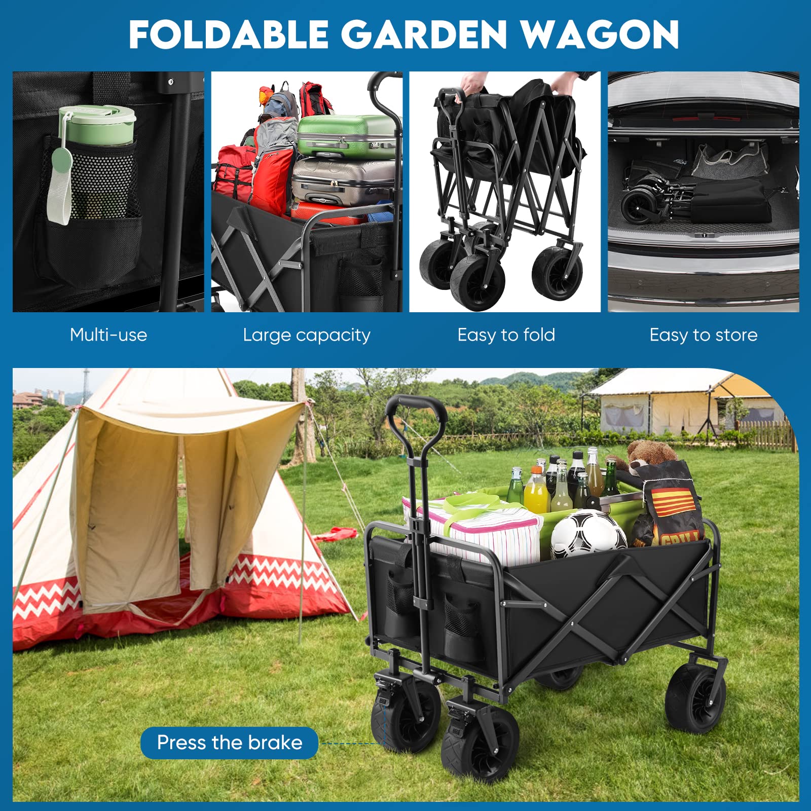 Aunoutism Collapsible Garden Wagon – Heavy Duty Beach Cart with Brakes