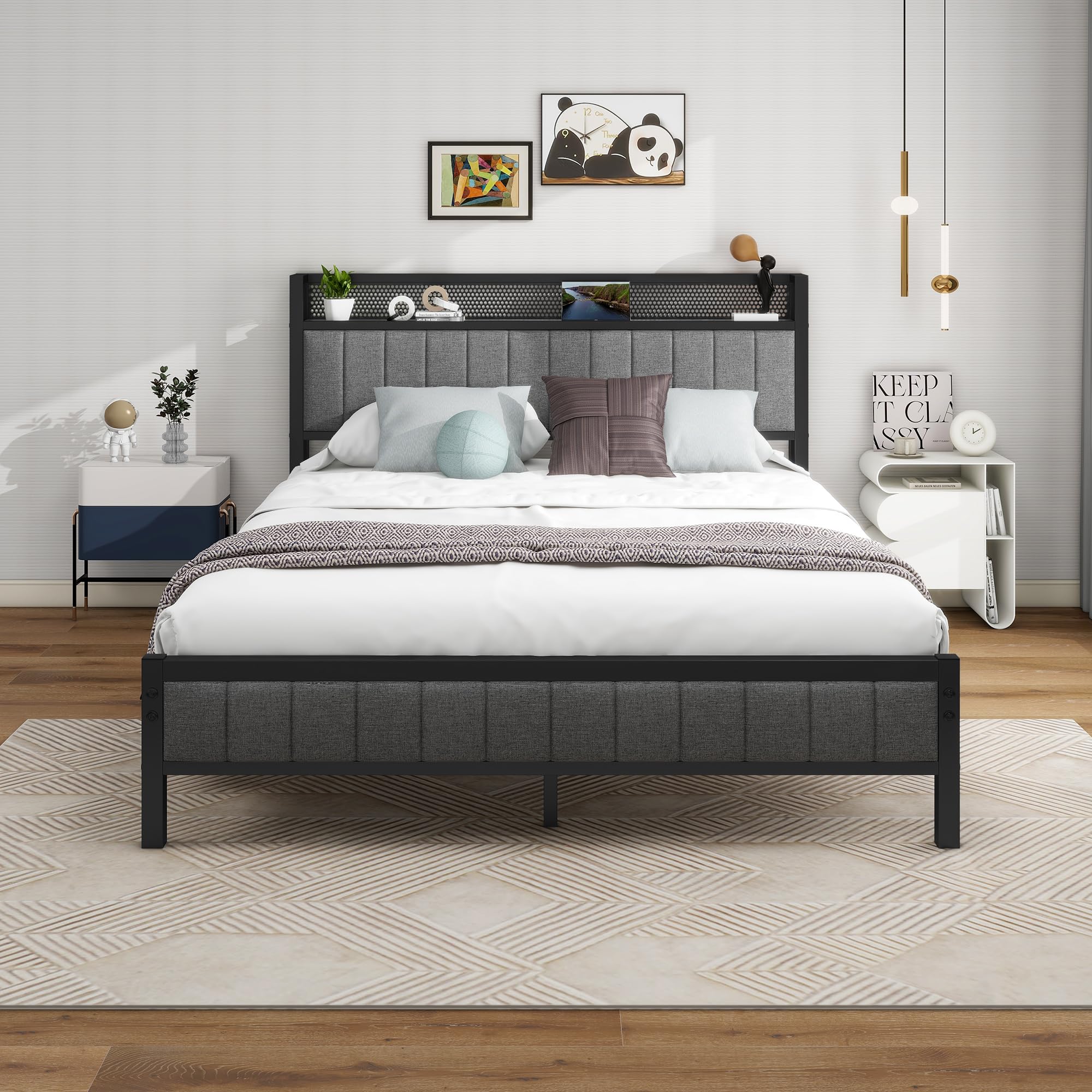 Diahomy King Size Platform Bed Frame with Storage Headboard | Dark Gray