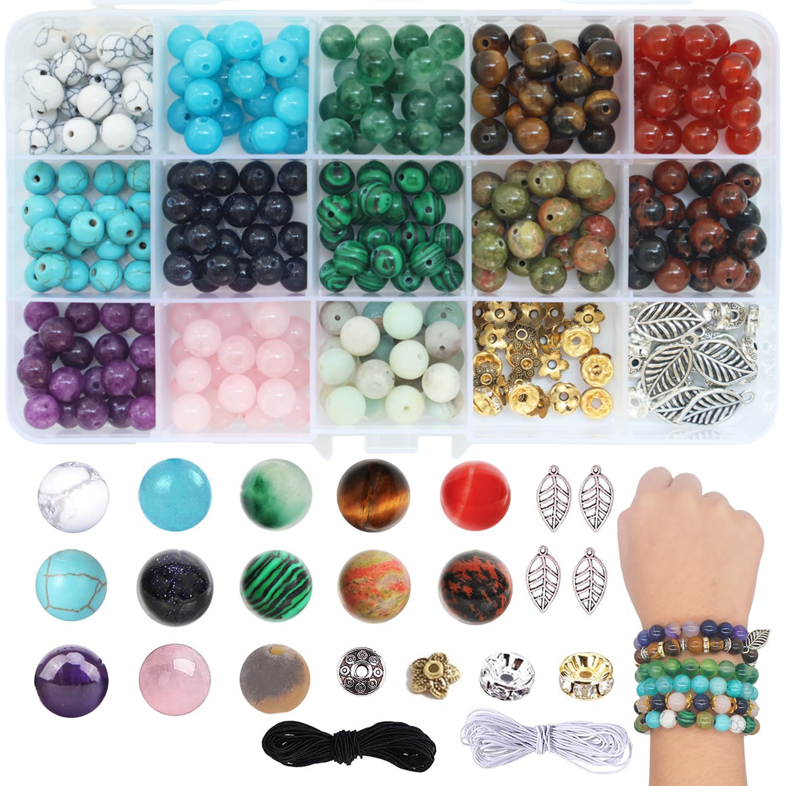 BLAESIFF 486Pcs Natural Stone Beads - 8mm Round Gemstone Jewelry Making Kit