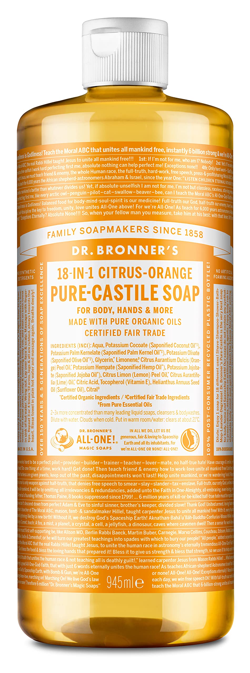 Dr. Bronner's Organic Citrus Castile Soap – 18-in-1 Liquid Soap 946ml