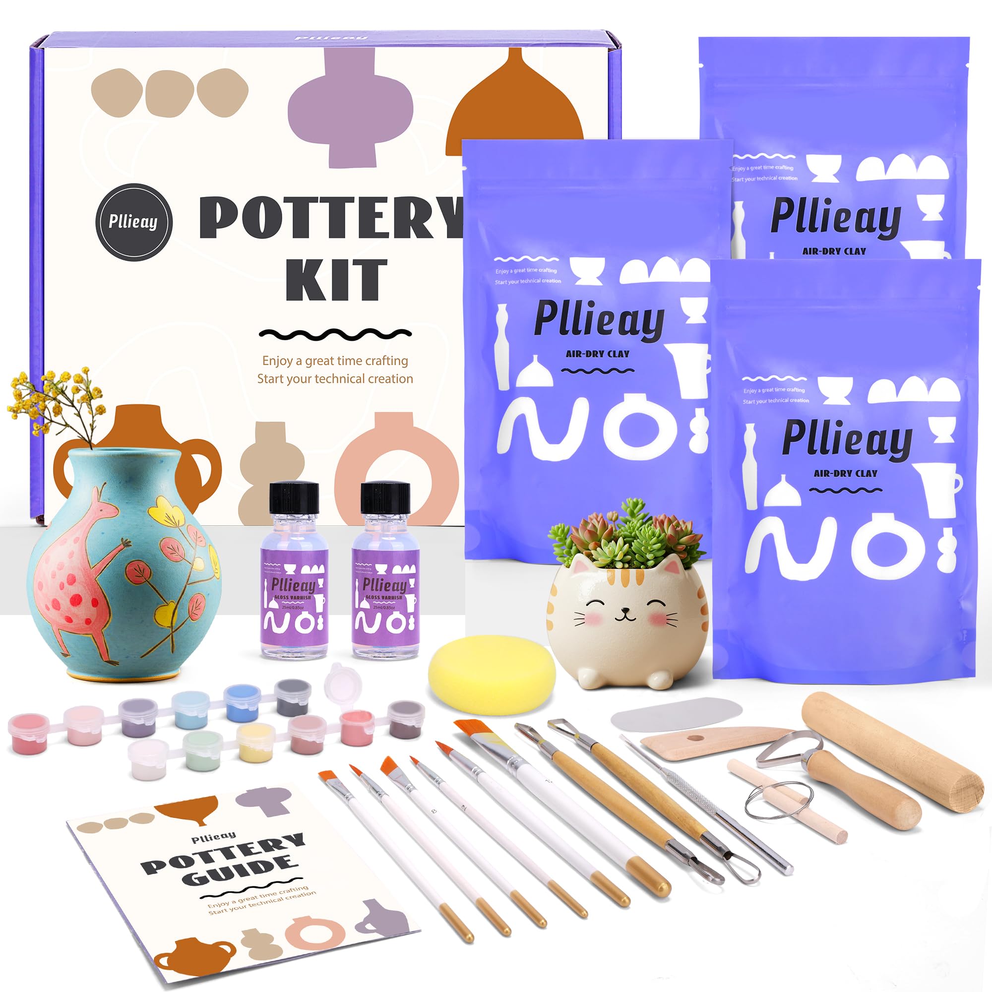 Pllieay Air Dry Clay Pottery Kit for Adults with Tools and Paint