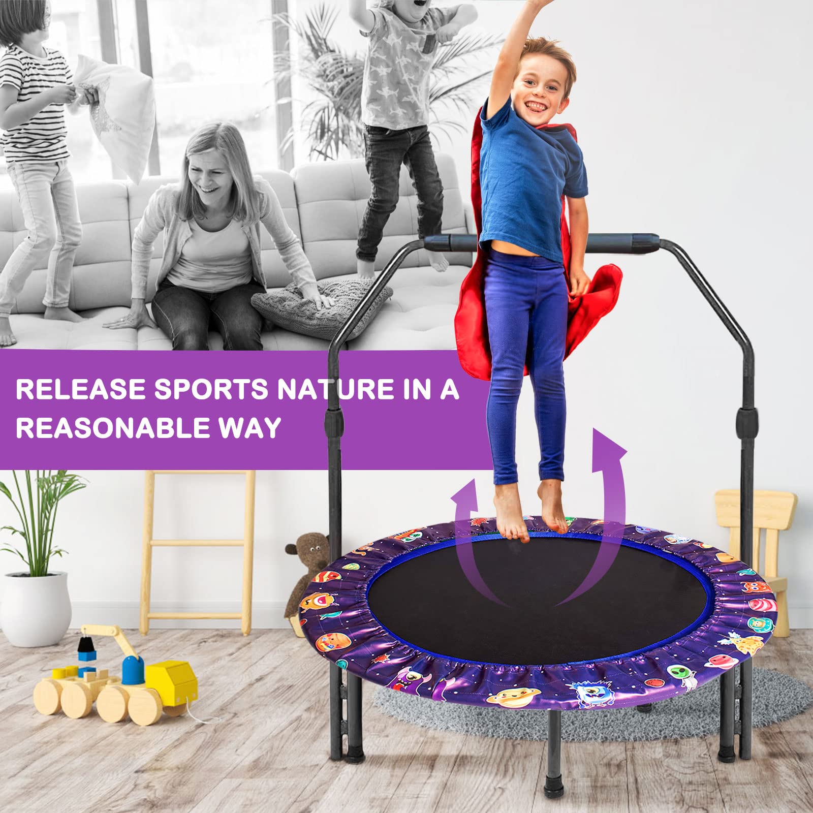 36" Kids Mini Trampoline with Adjustable Handle – Purple