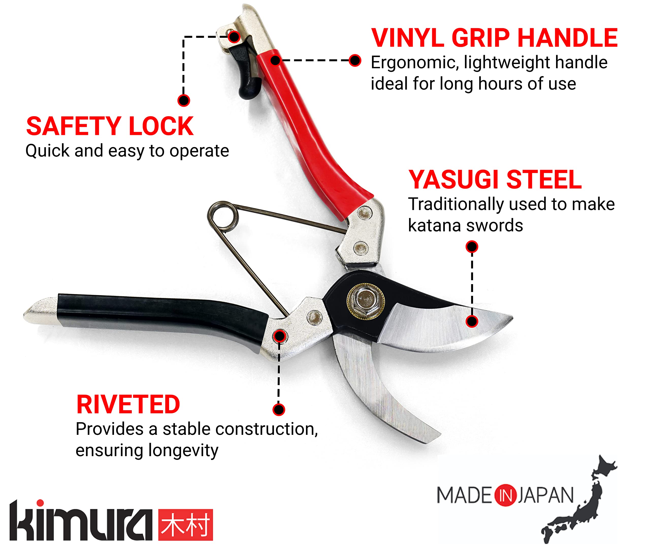 Kimura 8" Japanese Yasugi Steel Garden Secateurs | Heavy Duty Bypass Shears