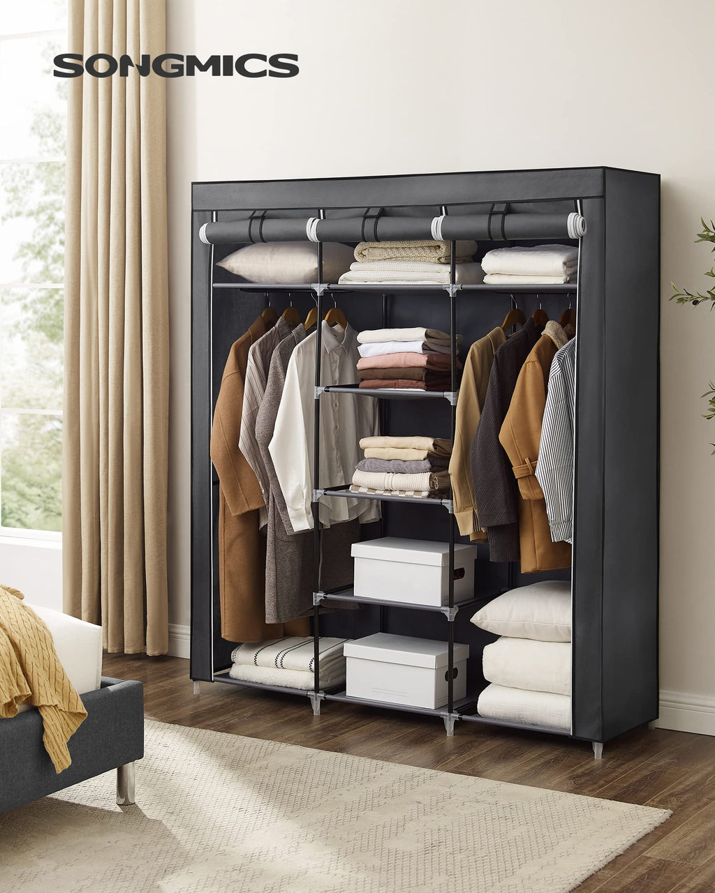 SONGMICS Canvas Wardrobe | Portable Clothes Storage Organiser - Gray
