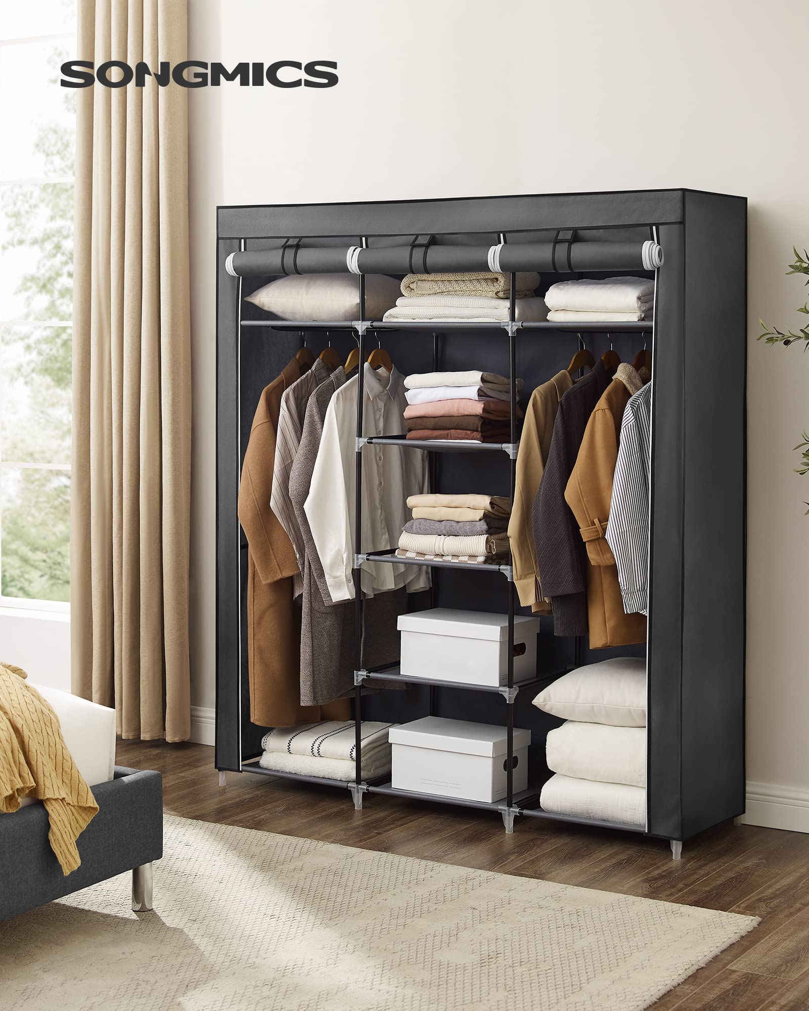 SONGMICS Canvas Wardrobe | Portable Clothes Storage Organiser - Gray