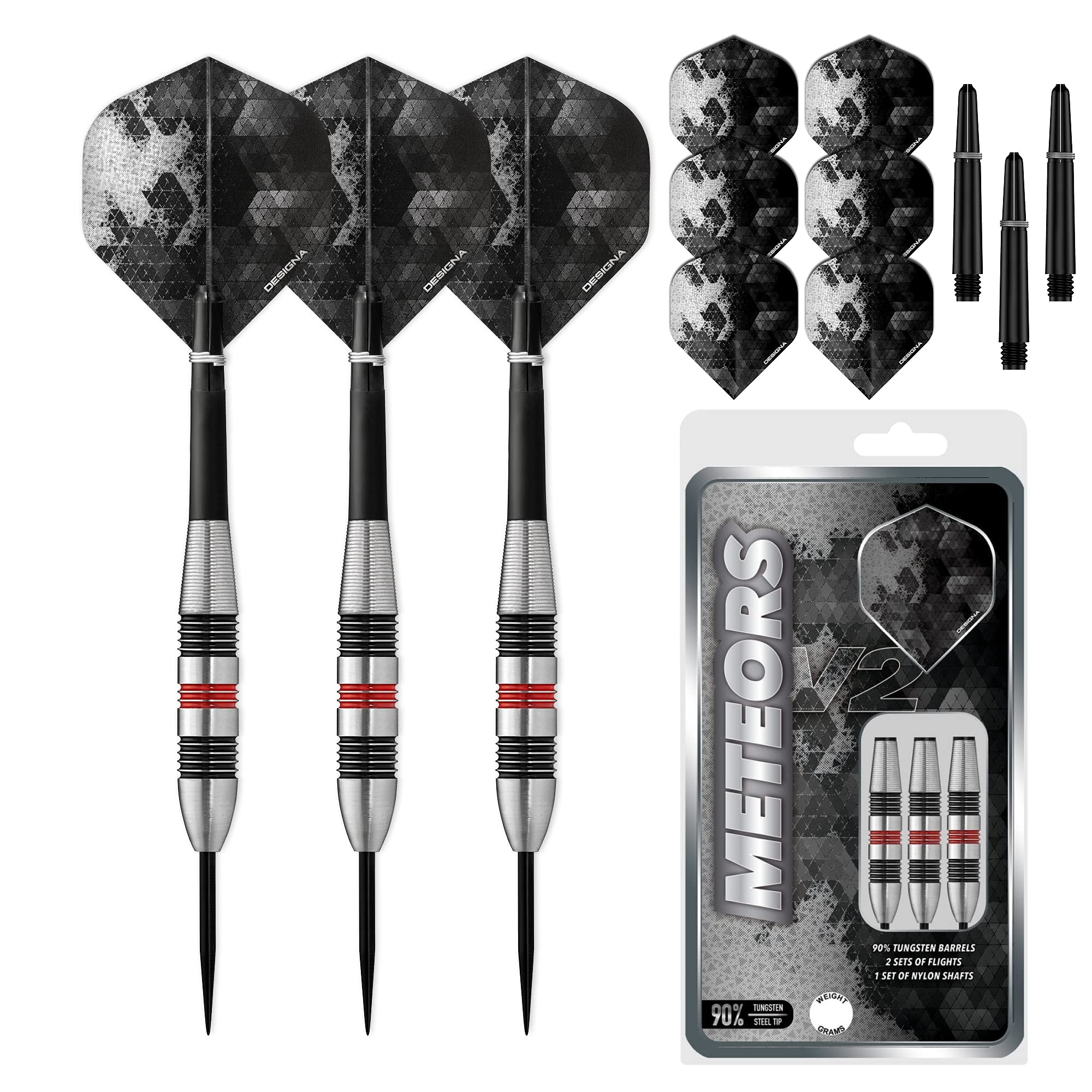 Designa Meteors 90 V2 Steel Tip Darts - 90% Tungsten Ringed - 36g