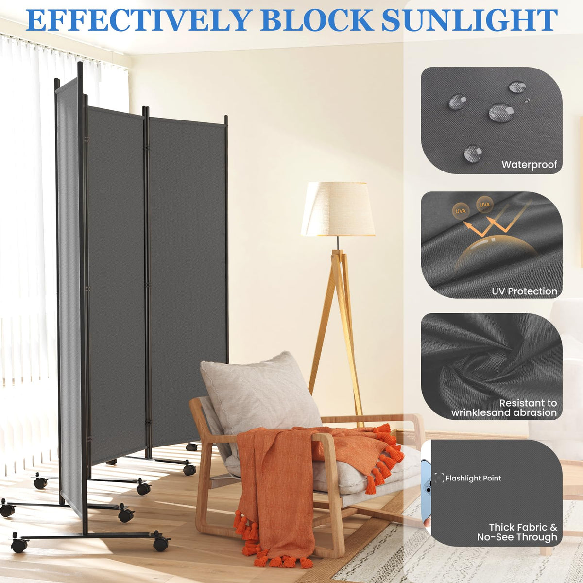 6 Panel Room Divider 183CM Folding Privacy Screens with Lockable Wheels - image 2