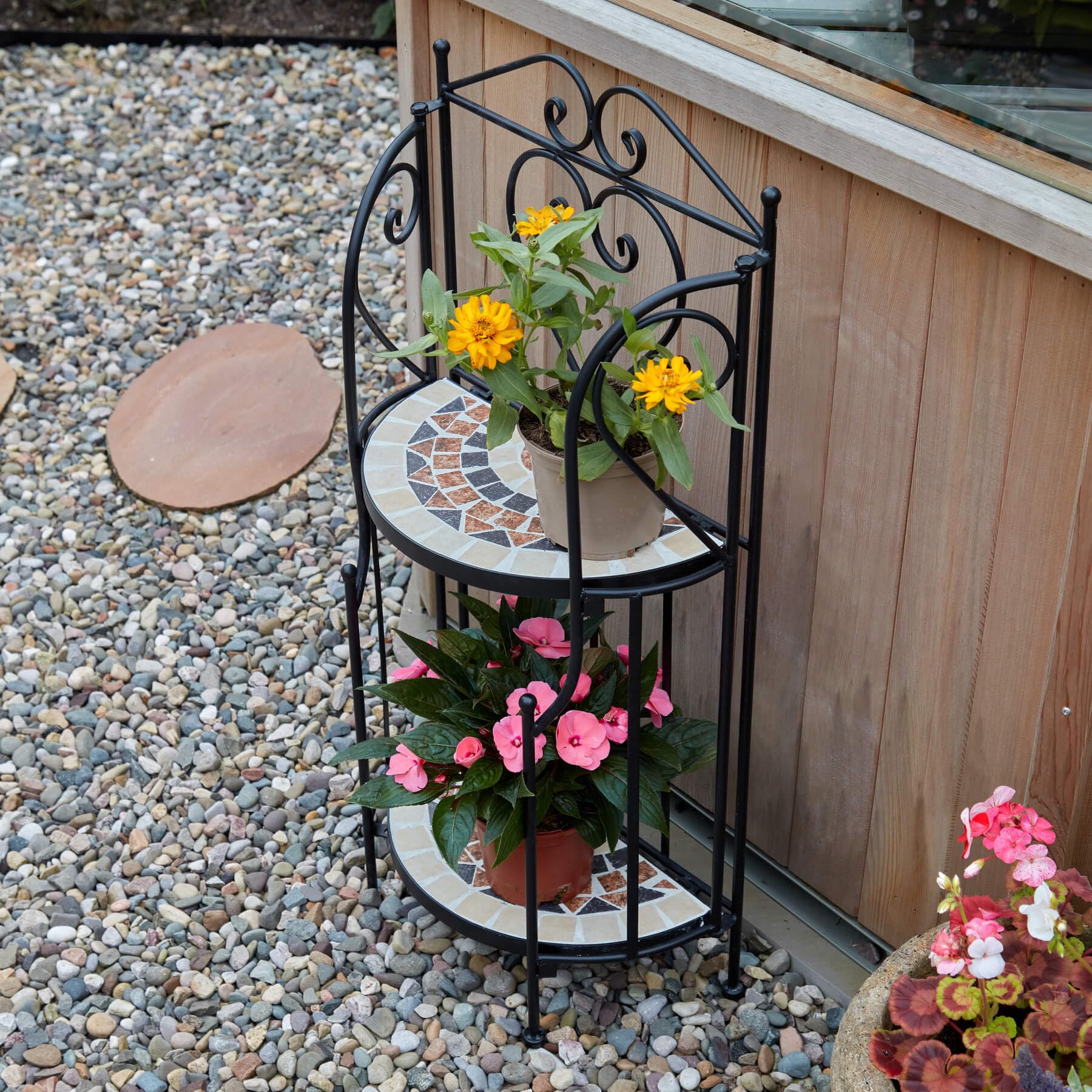 Jolof Store Sunflower Mosaic Metal Plant Stand – Black 2-Tier Shelf