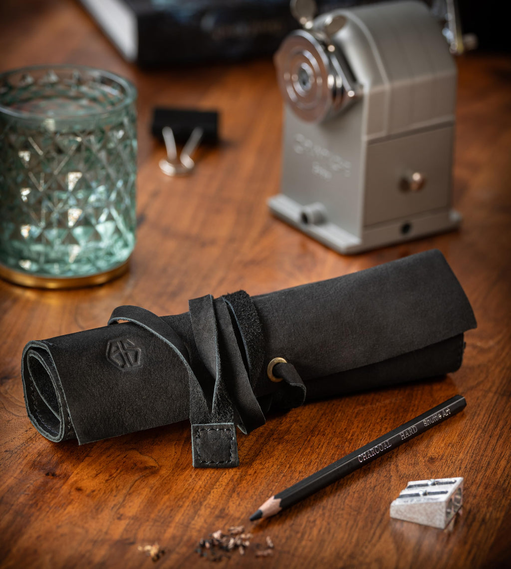 Angus Stoke Leather Roll Bag Black - Handmade Leather Case for Pens, Brushes and Accessories, 4 Compartments, Leonardo - image 4