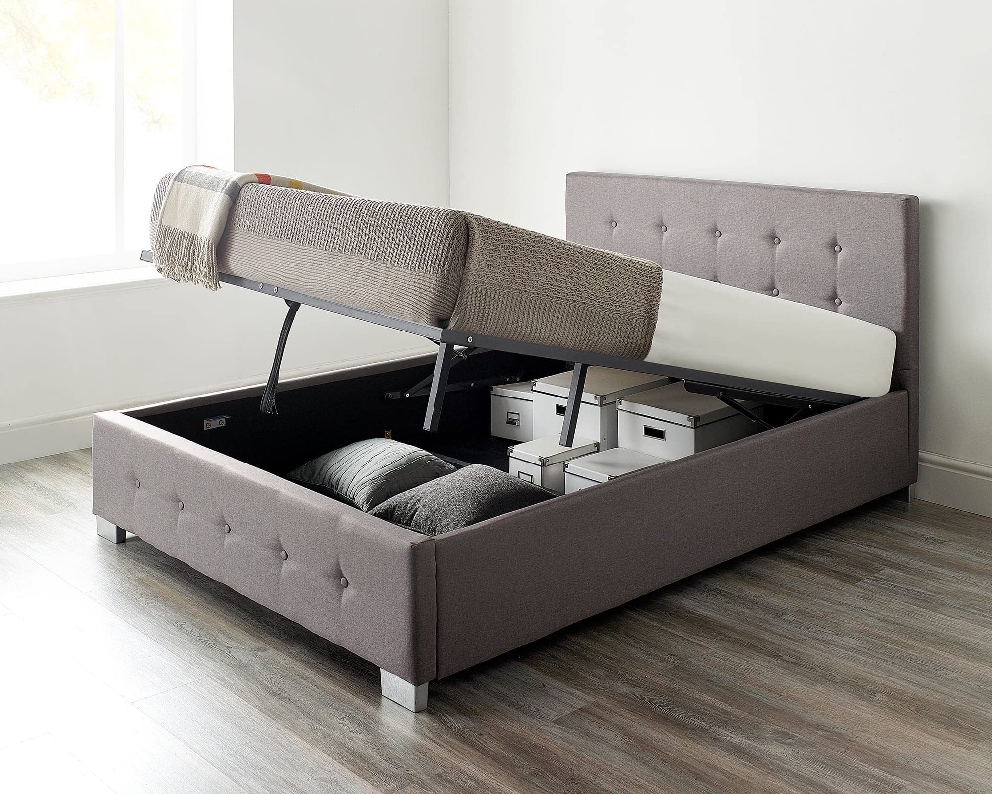 Aspire Beds King Size Ottoman Storage Bed – Grey Linen Upholstered Frame