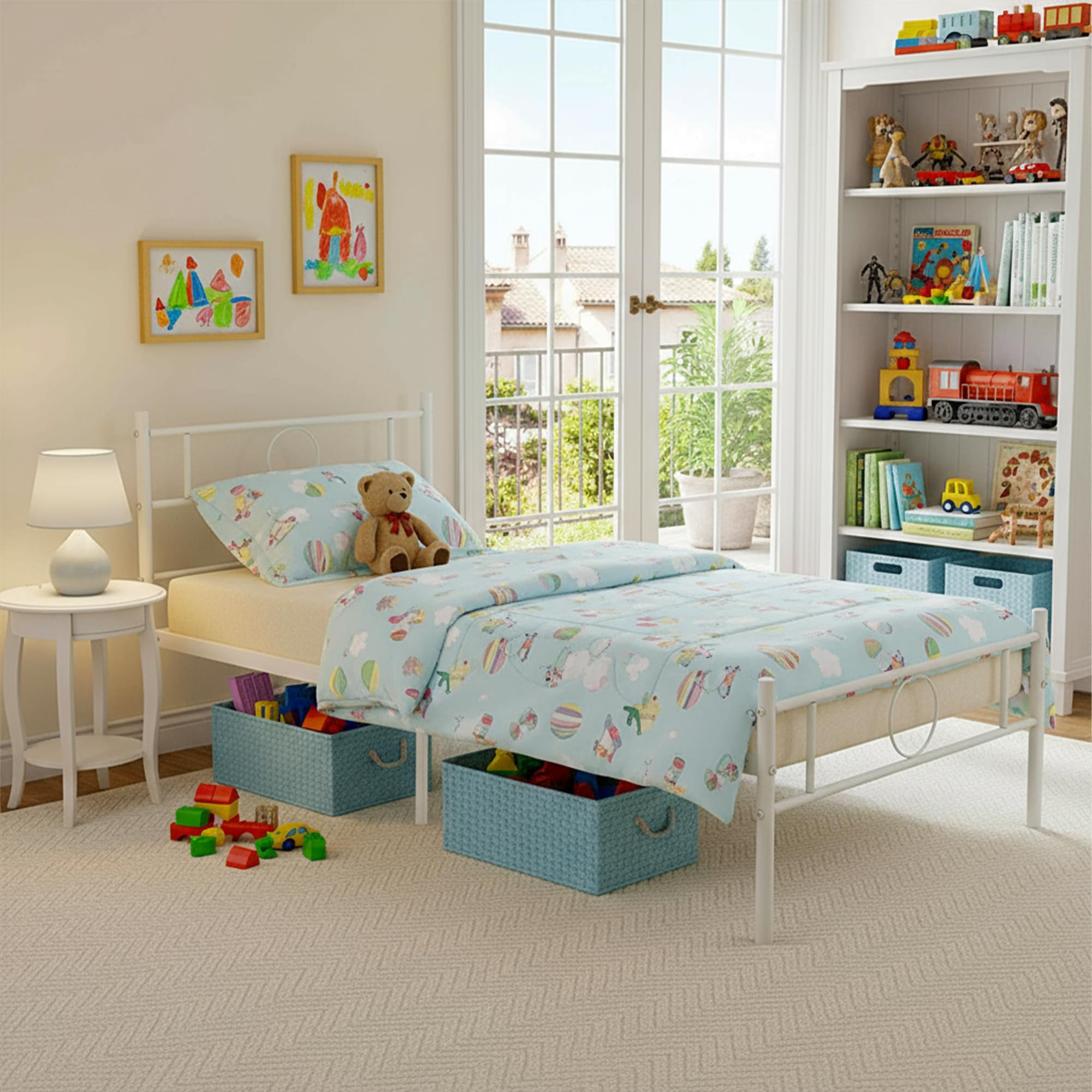 FurnitureR 3ft Single Metal Bed Frame | Modern White Slat Bed with Storage