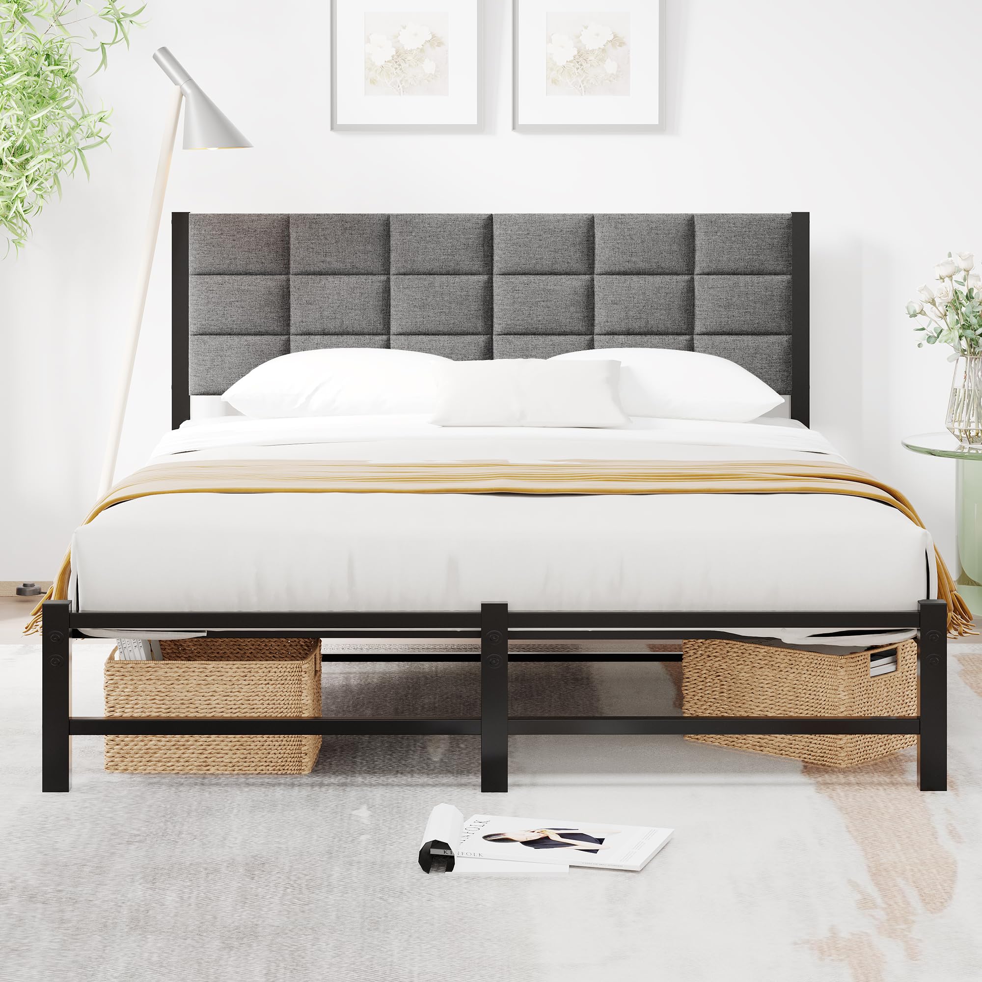 JUISSANO Double Upholstered Platform Bed Frame with Metal Slat Support