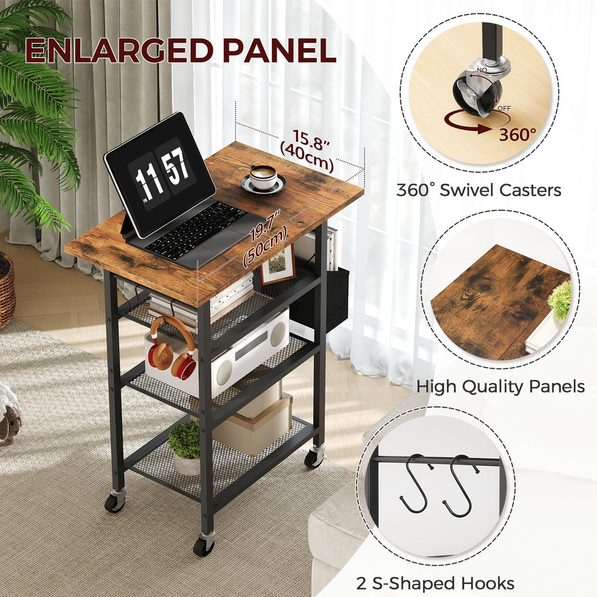 MAHANCRIS 4-Tier Printer Stand, Rolling Printer Table on Wheels, Industrial Storage Stand with Side Pocket, Wooden Tabletop - image 4