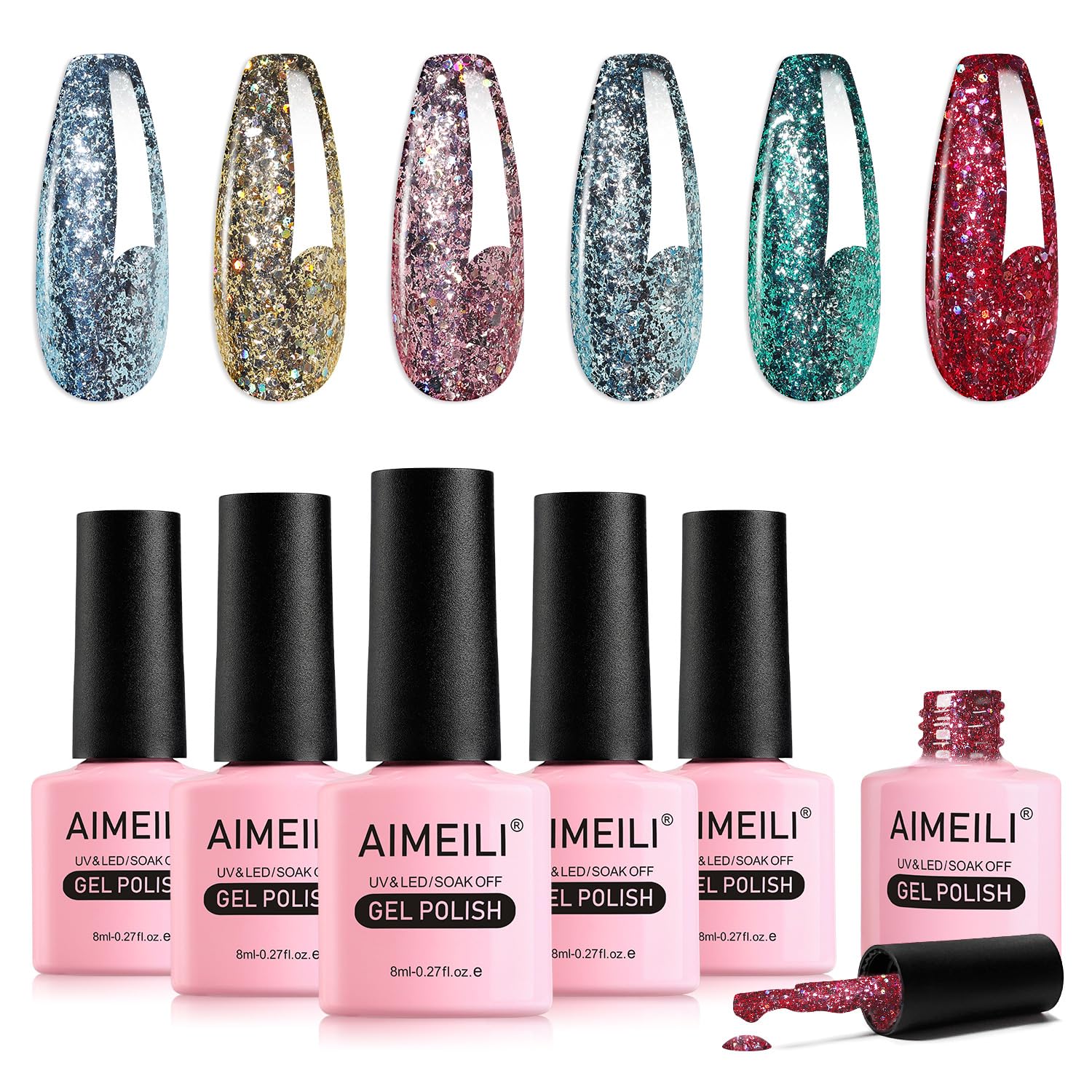 AIMEILI 6 Colors Christmas Glitter Gel Nail Polish Set | Soak Off UV LED