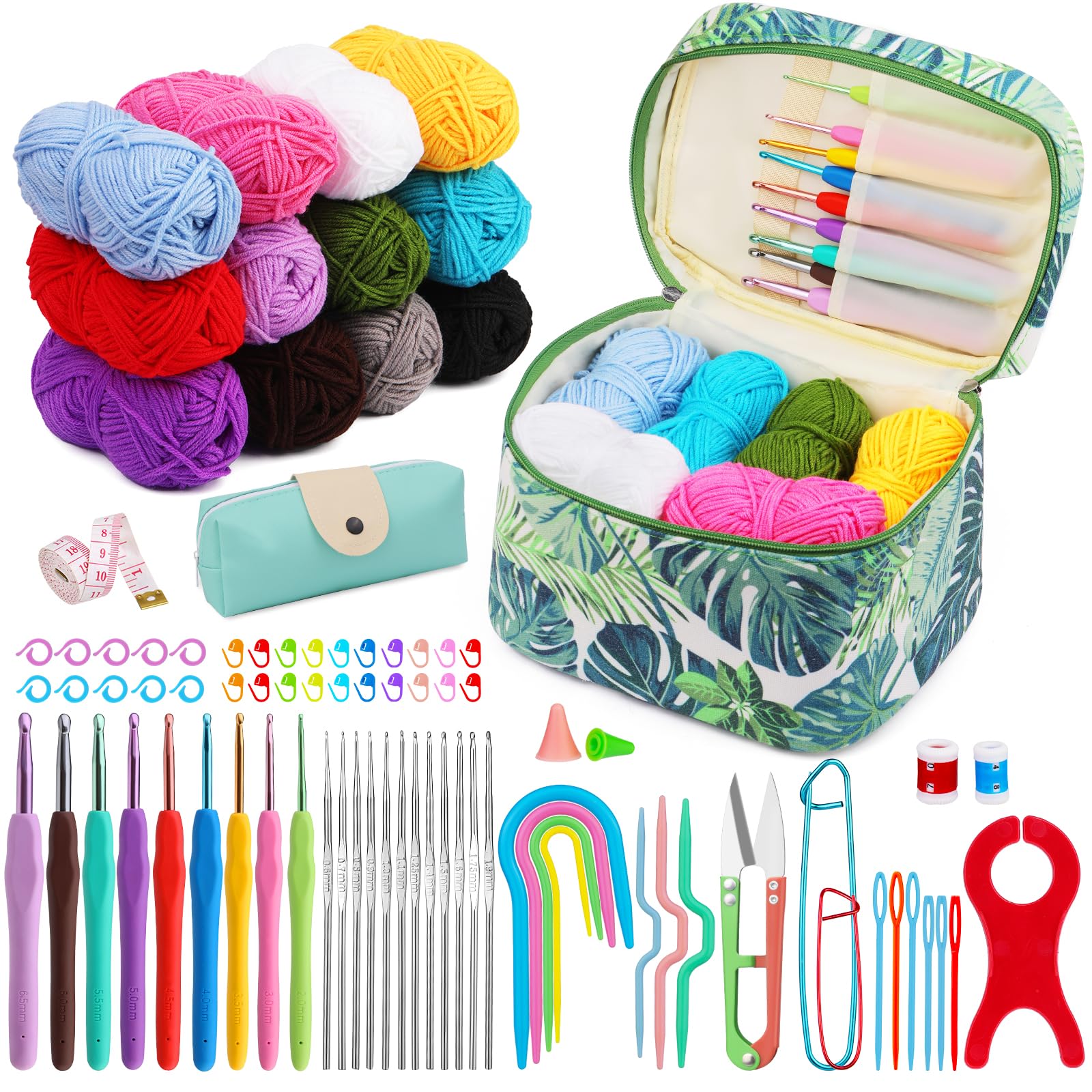 BUOKKON 87 Pcs Crochet Kit for Beginners | Ergonomic Hooks & 12 Color Yarn