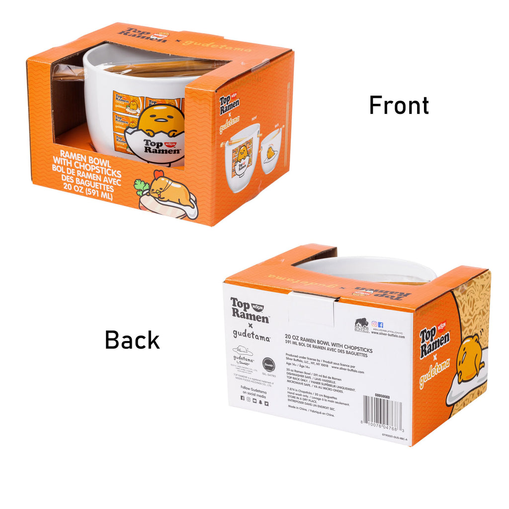 Silver Buffalo Sanrio Gudetama Top Ramen Ceramic Bowl with Chopsticks, 20oz