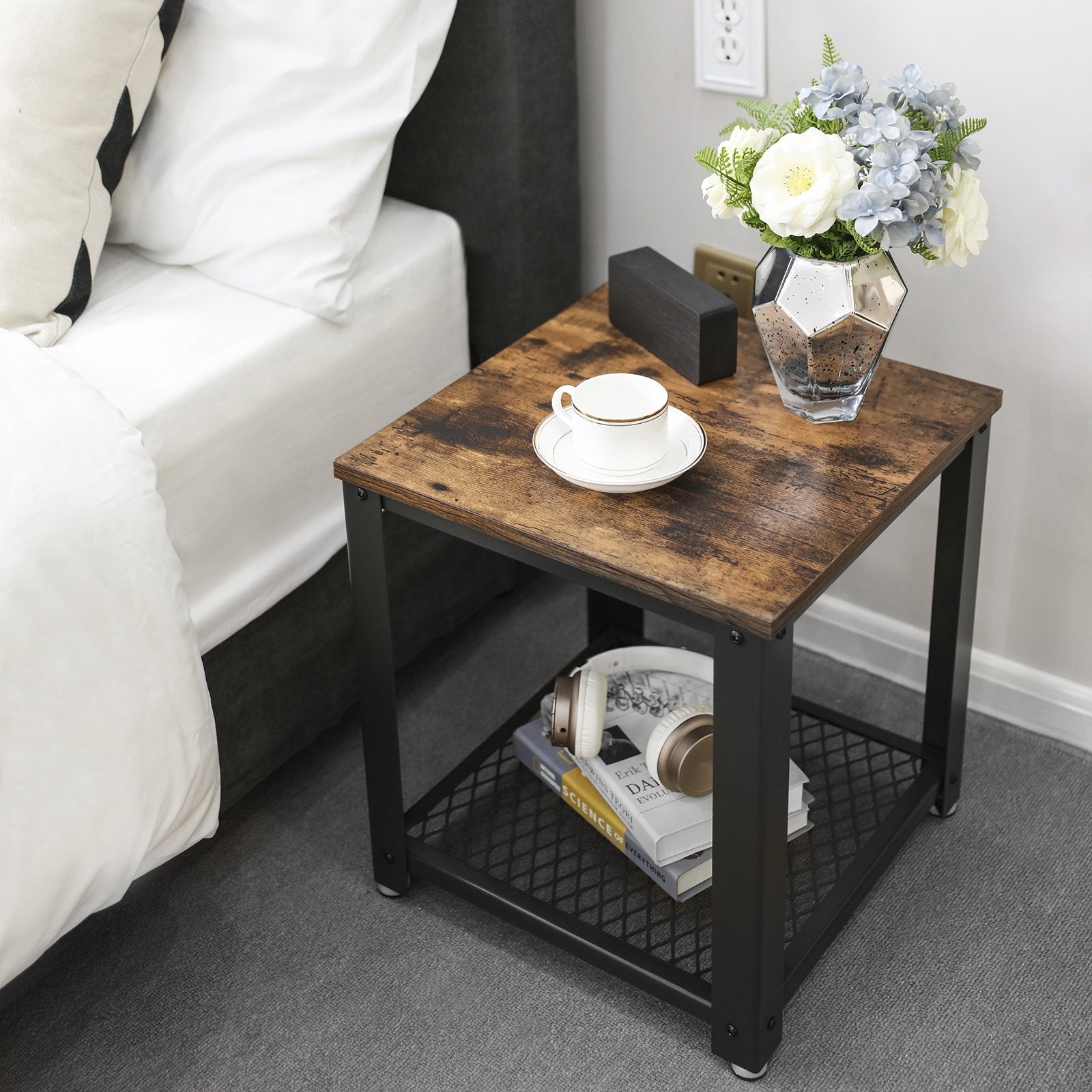 VASAGLE Industrial Side Table | Rustic Brown End Table with Metal Frame