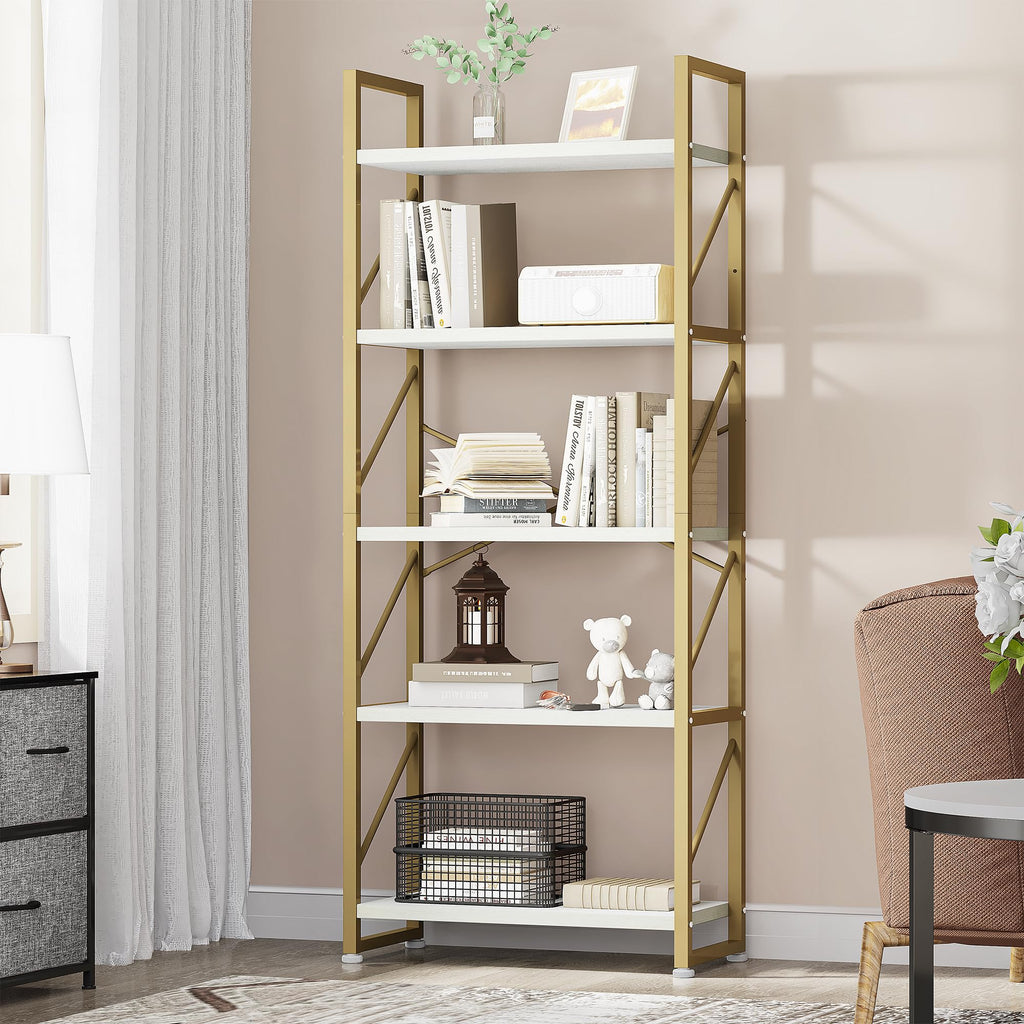 YITAHOME 5-Tier Industrial Bookcase | Gold Metal Frame Storage Shelf