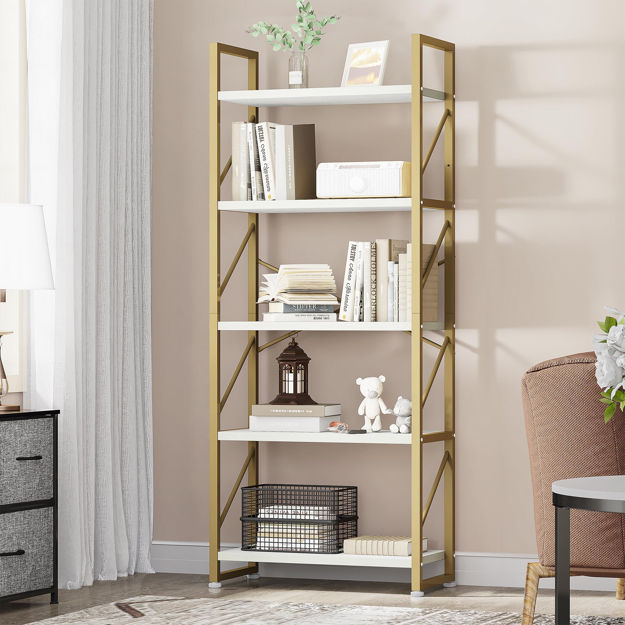 YITAHOME 5-Tier Industrial Bookcase | Gold Metal Frame Storage Shelf
