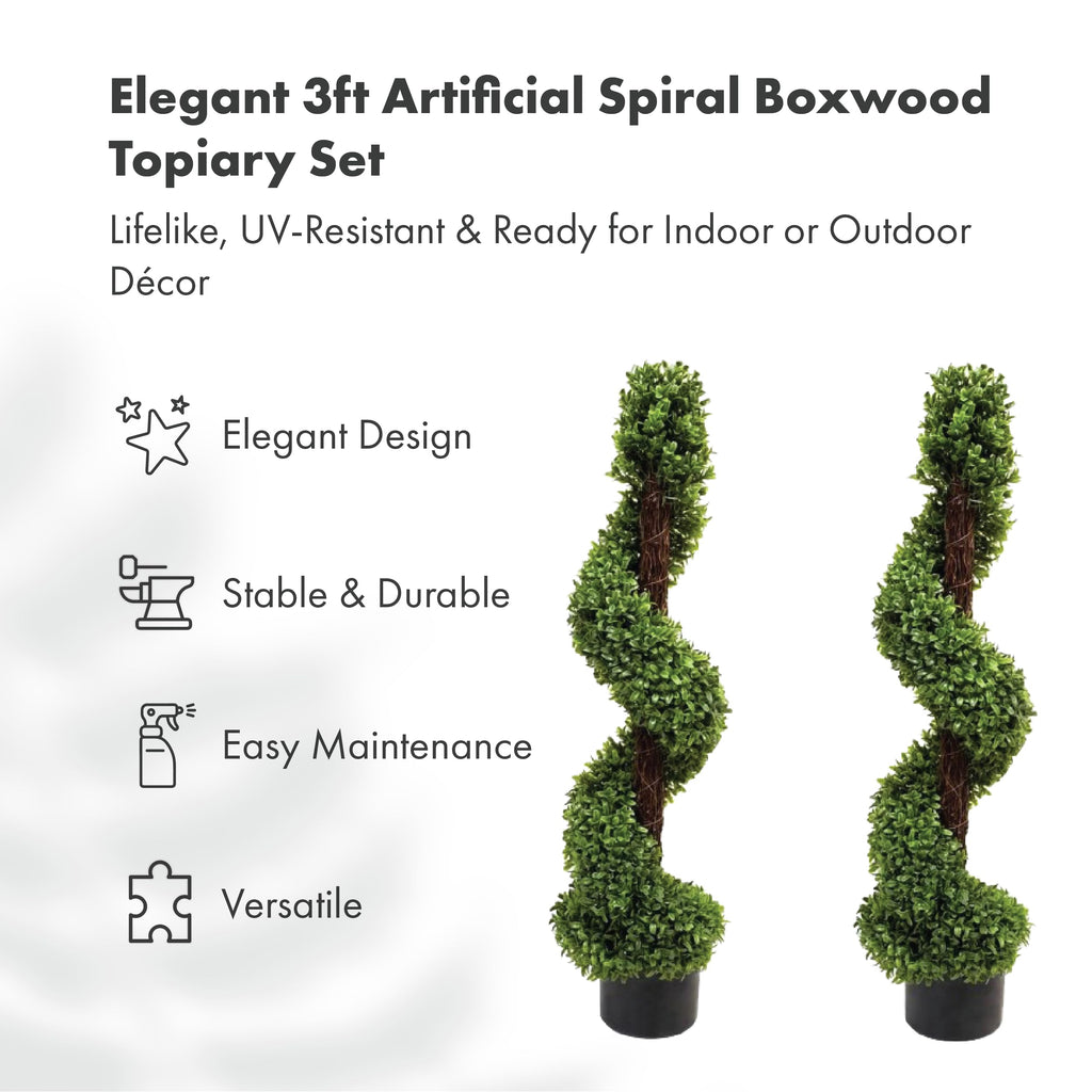 3ft Artificial Boxwood Spiral Topiary Trees in Pots - Set of 2