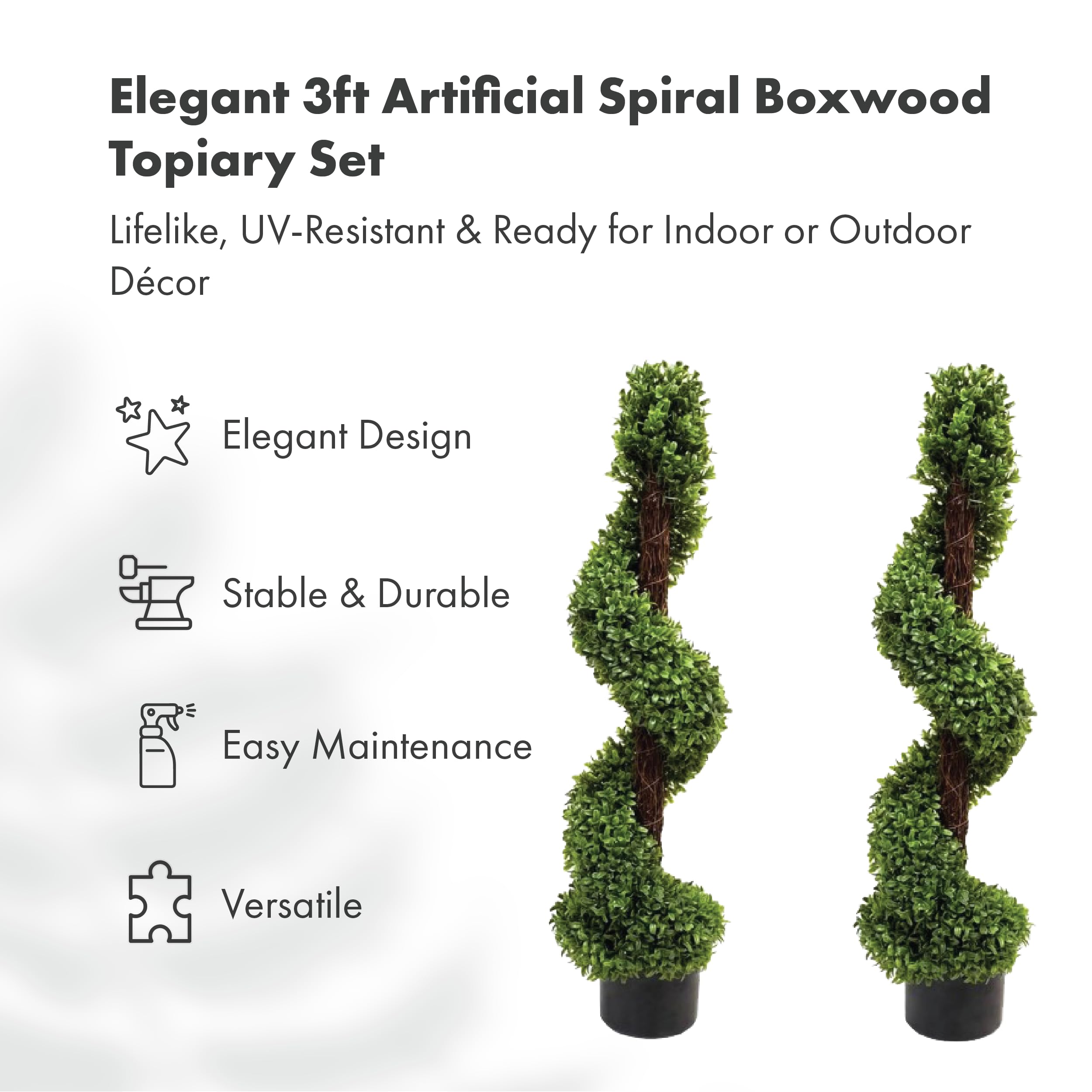 3ft Artificial Boxwood Spiral Topiary Trees in Pots - Set of 2