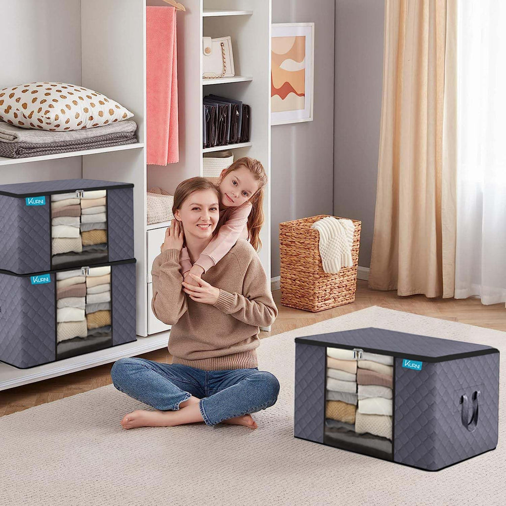 KURNI Storage Bags | Clothes Organizer Boxes, Foldable 3 Pack Grey, 90L Capacity, 3 Sided Zipper Moving Large Bag. Dust & Moisture Proof