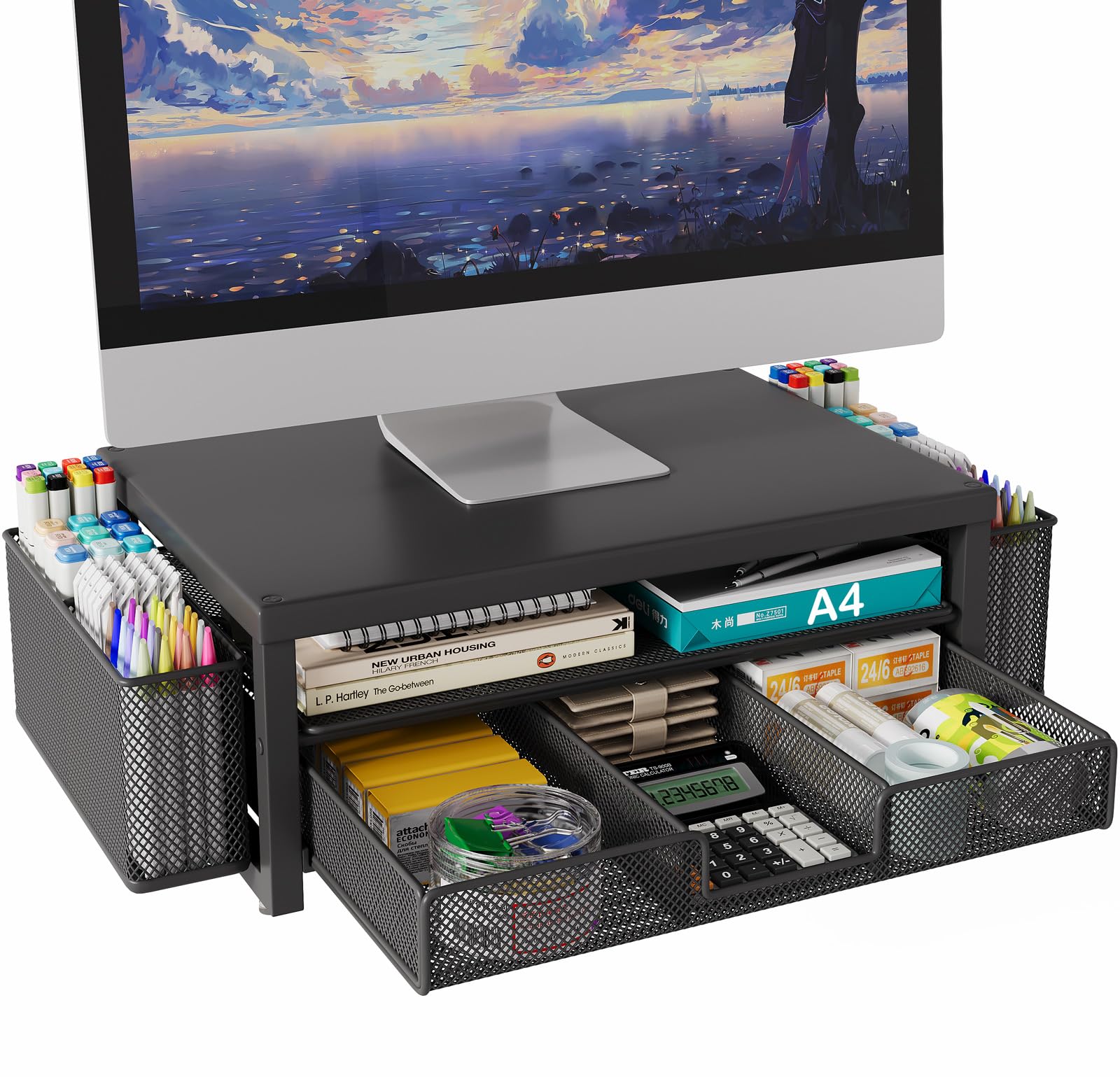 BOKIOVIN Metal Monitor Stand Riser with Drawer & Pen Holders - Black