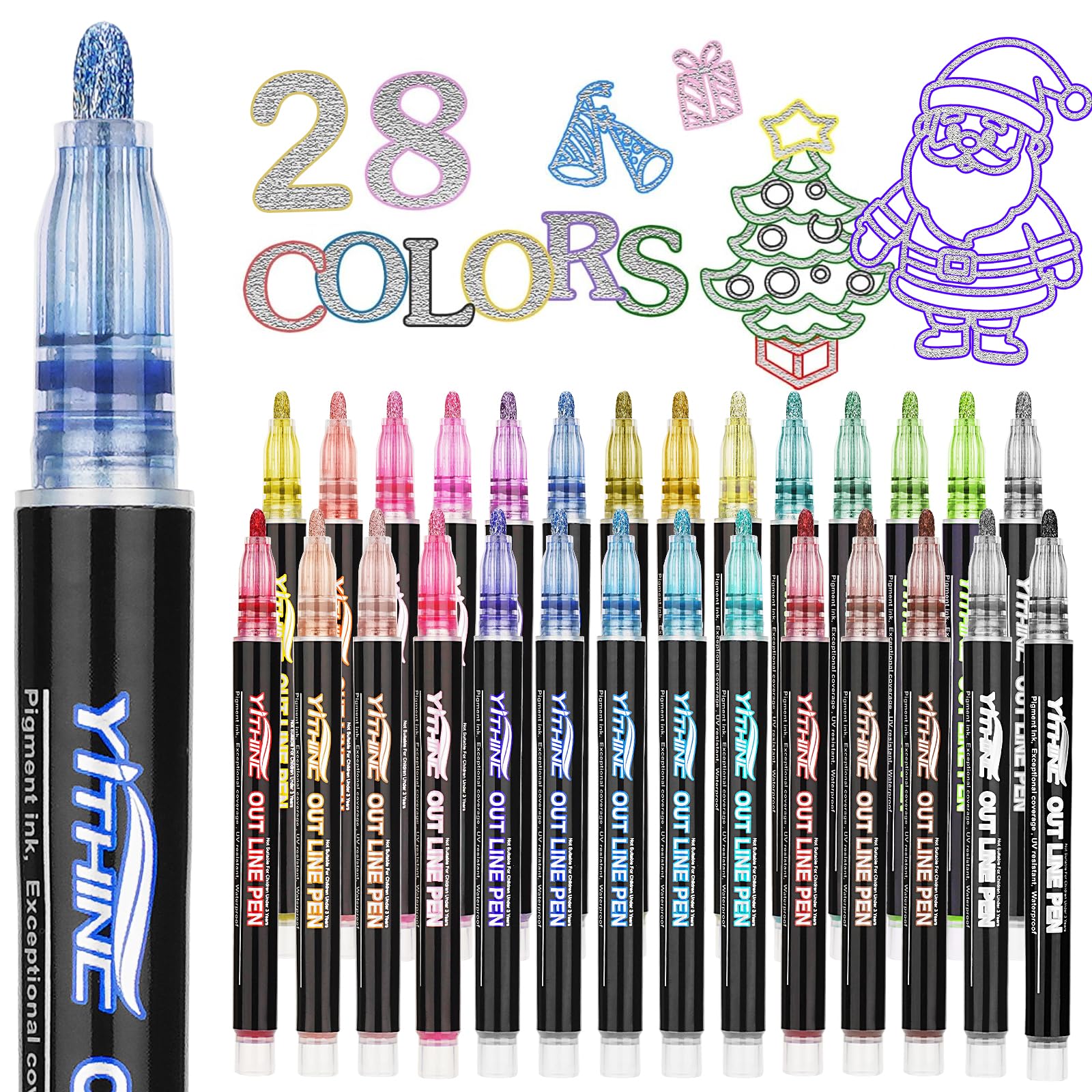 YITHINC 28 Color Outline Glitter Pens | Metallic Double Line Markers