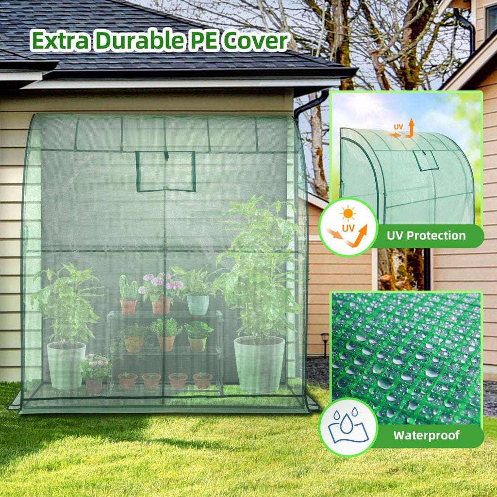 Ohuhu Lean-to Greenhouse with 3-Tier Shelving | Portable Walk-in PE Cover